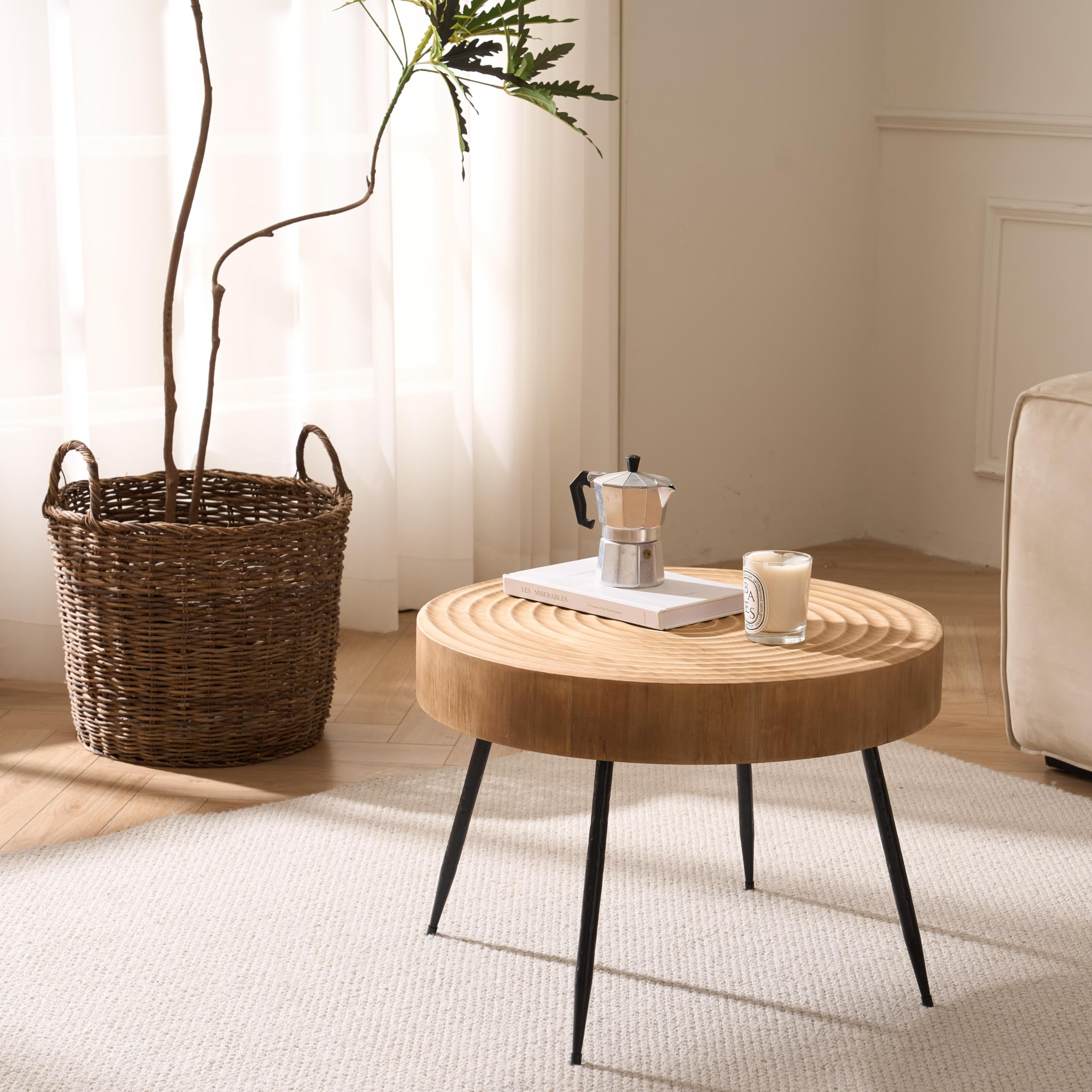 Mesa auxiliar redonda, mesa auxiliar de madera, forma de rueda anual, diámetro 60 x 42 cm, mesa de café con patas de metal negro, mesa auxiliar grande redonda en el salón, color marrón claro