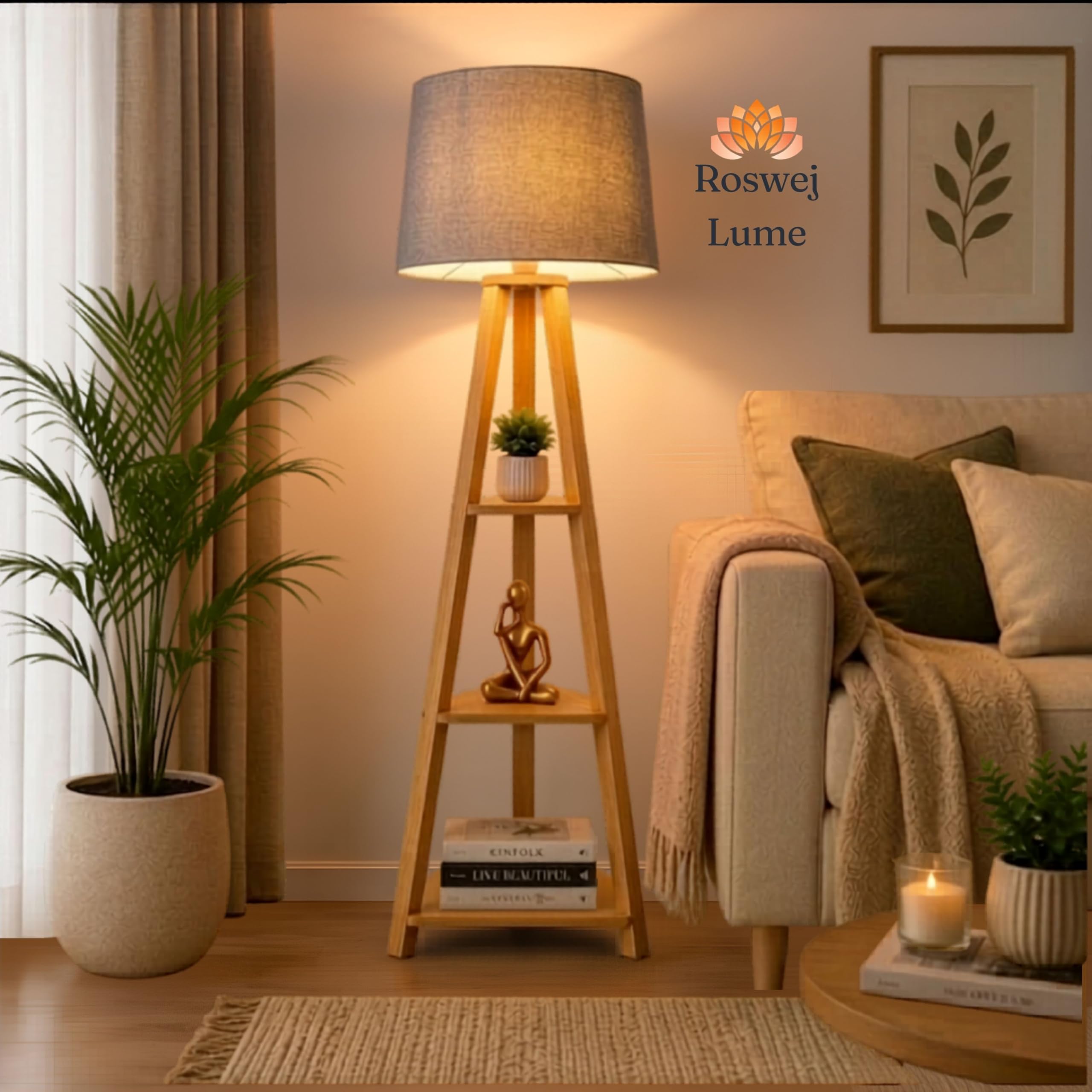 Wooden Tripod Floor Lamp, Grey Jute Shade, Birch Wood, 3-Tier Storage Shelf, 52 in, Warm Soft Lighting-image-22
