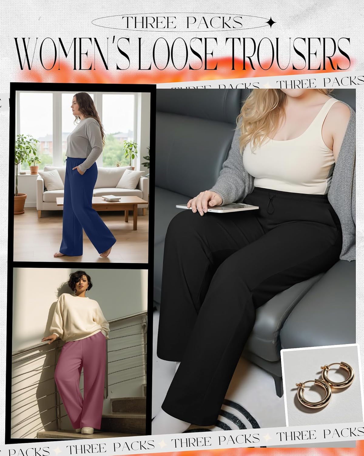 3 Pack Women's Plus Size Fleece Lined Sweatpants Wide Leg Joggers Shock Cord High Waisted Thermal Pants with Pocket - Image 2