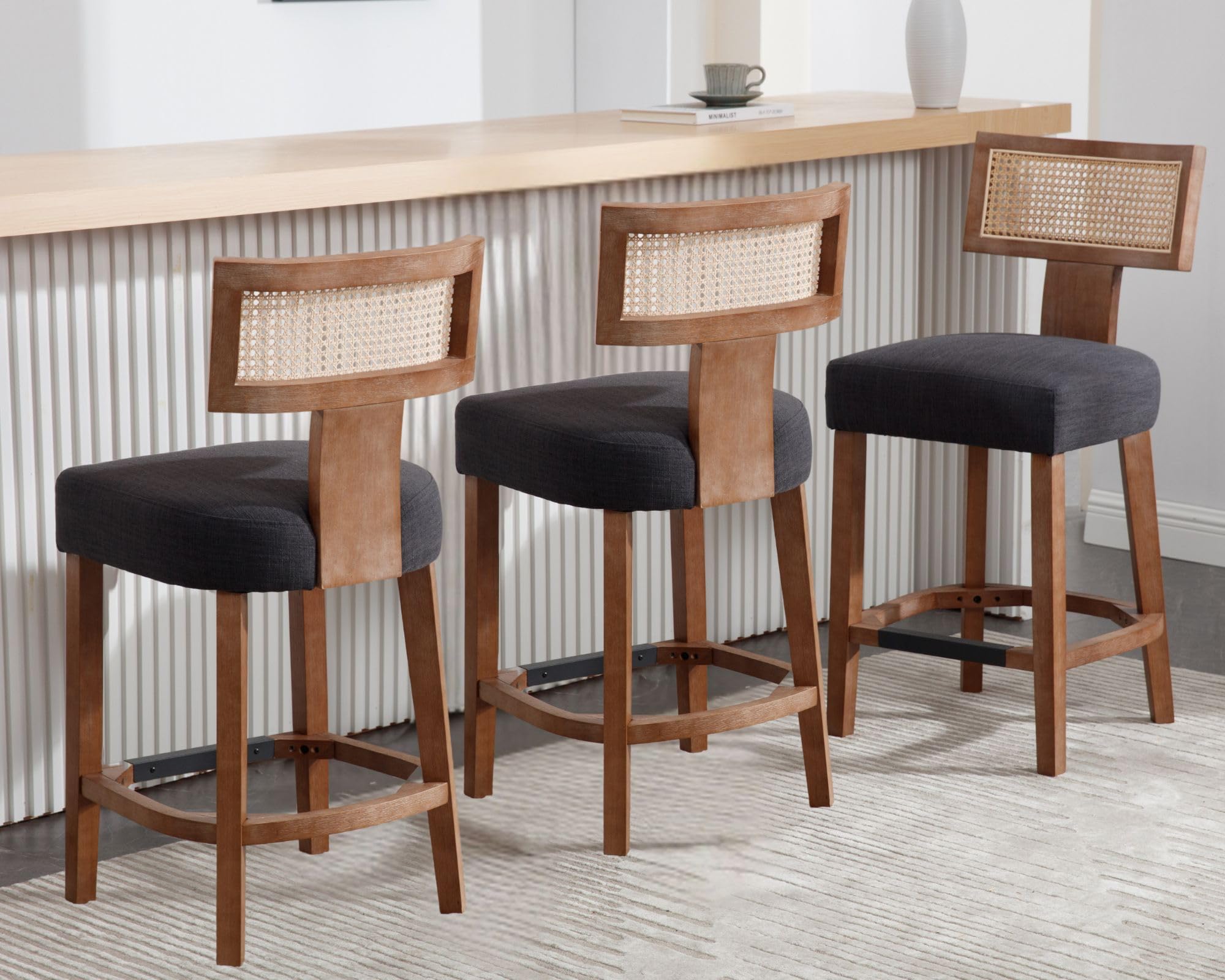 26’’ Rattan Barstools with Back Counter Height Bar Stools Set of 3, Modern Farmhouse Charcoal Linen Upholstered Wicker Counter Stools, Woven Boho Bar Height Stools with Natural Wood Frame