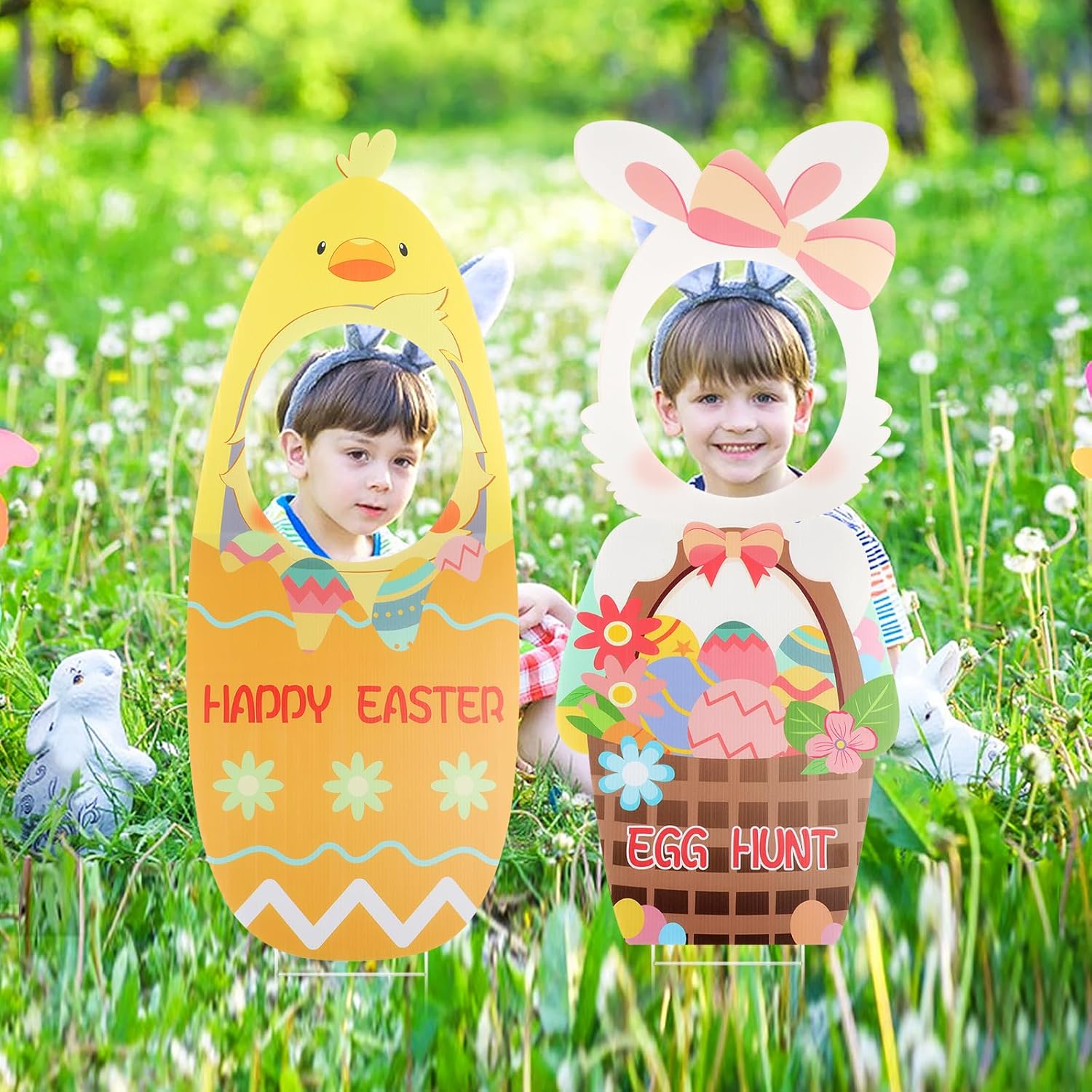 2 PCS Easter Face Yard Signs Decorations Large Easter Yard Signs Cute Bunny & Chick Yard Sign with Stakes Easter Lawn Sign Decorations for Garden Props Holiday Easter Egg Hunt Lawn