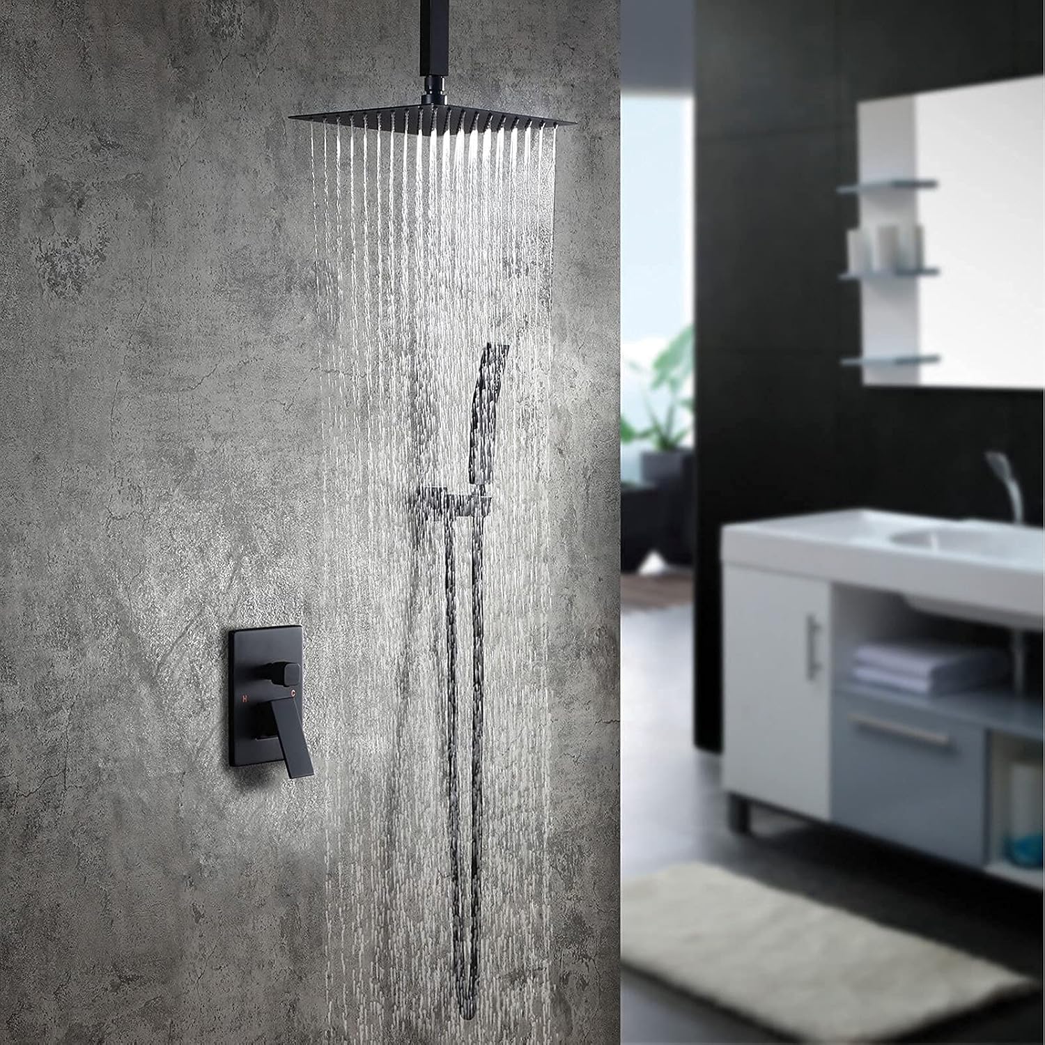 Ceiling Mount Shower System Black, 10" Ultrathin Square Rainfall Shower Head, Luxury Rain Mixer Shower Combo Set, Bathroom Shower Faucet Set