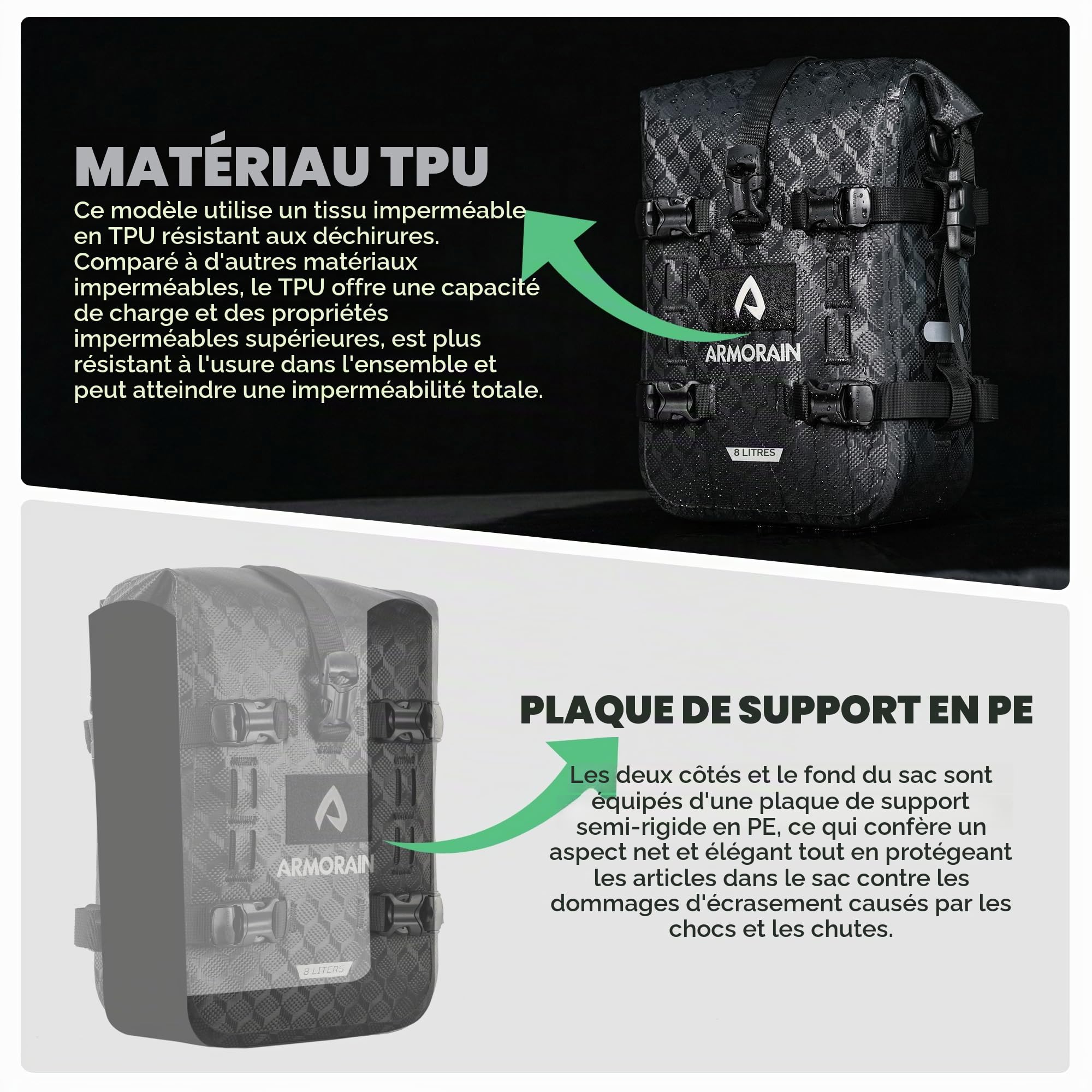 Sacoche de Protection pour Moto, étanche, Capacité de Rangement 6L/8L, Sacoche Pare-Chocs, Pochette Garde-Boue, Sacoches Universelles pour kit Moteur (8L Imitation Fibre de Carbone Noir)