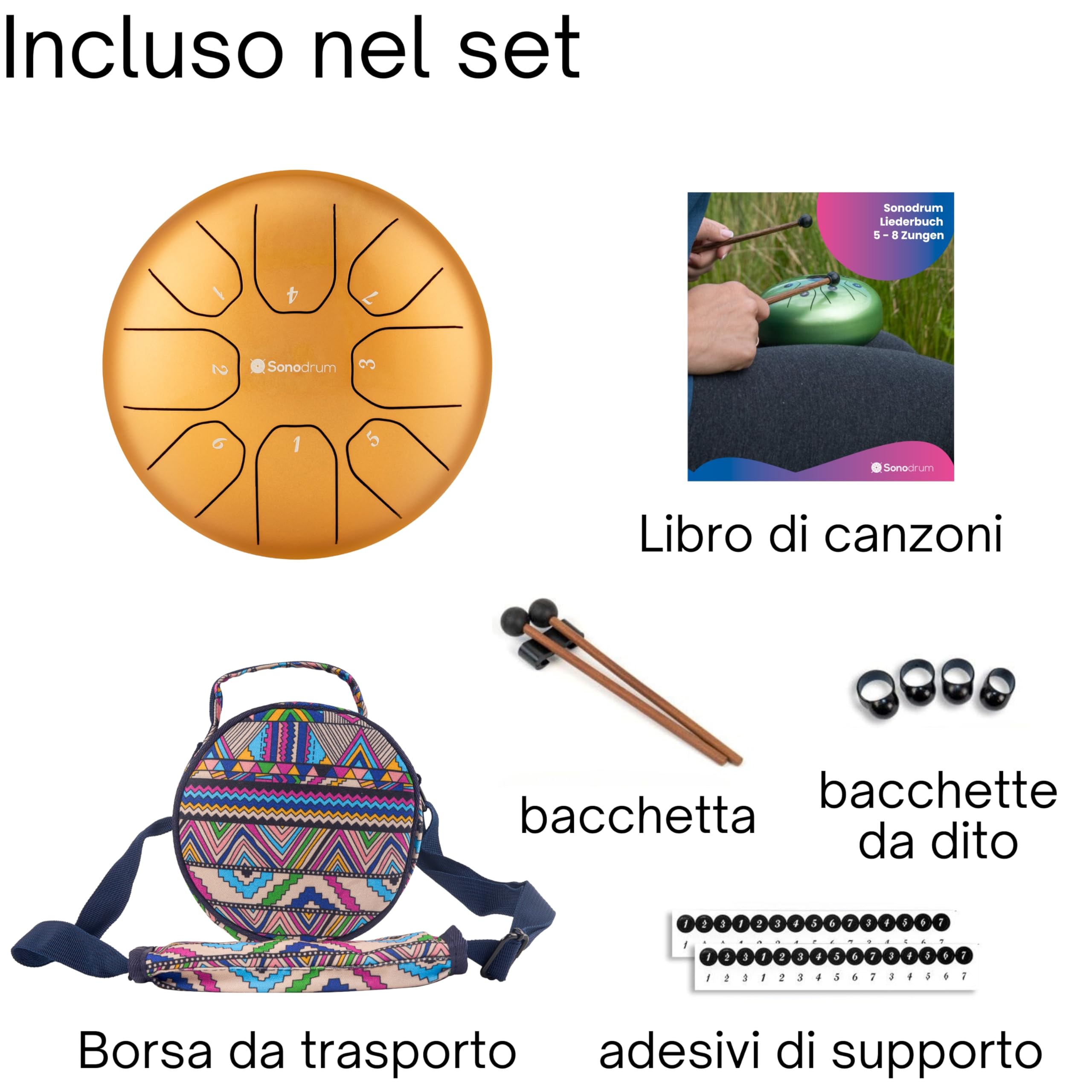 tamburo a lingua d'acciaio 'Standard' in Do Maggiore, oro - 14 cm con 8 note - steel tongue drum con canzoniere, mazzuoli, fingersticks e borsa da trasporto. Senza leggere le note.