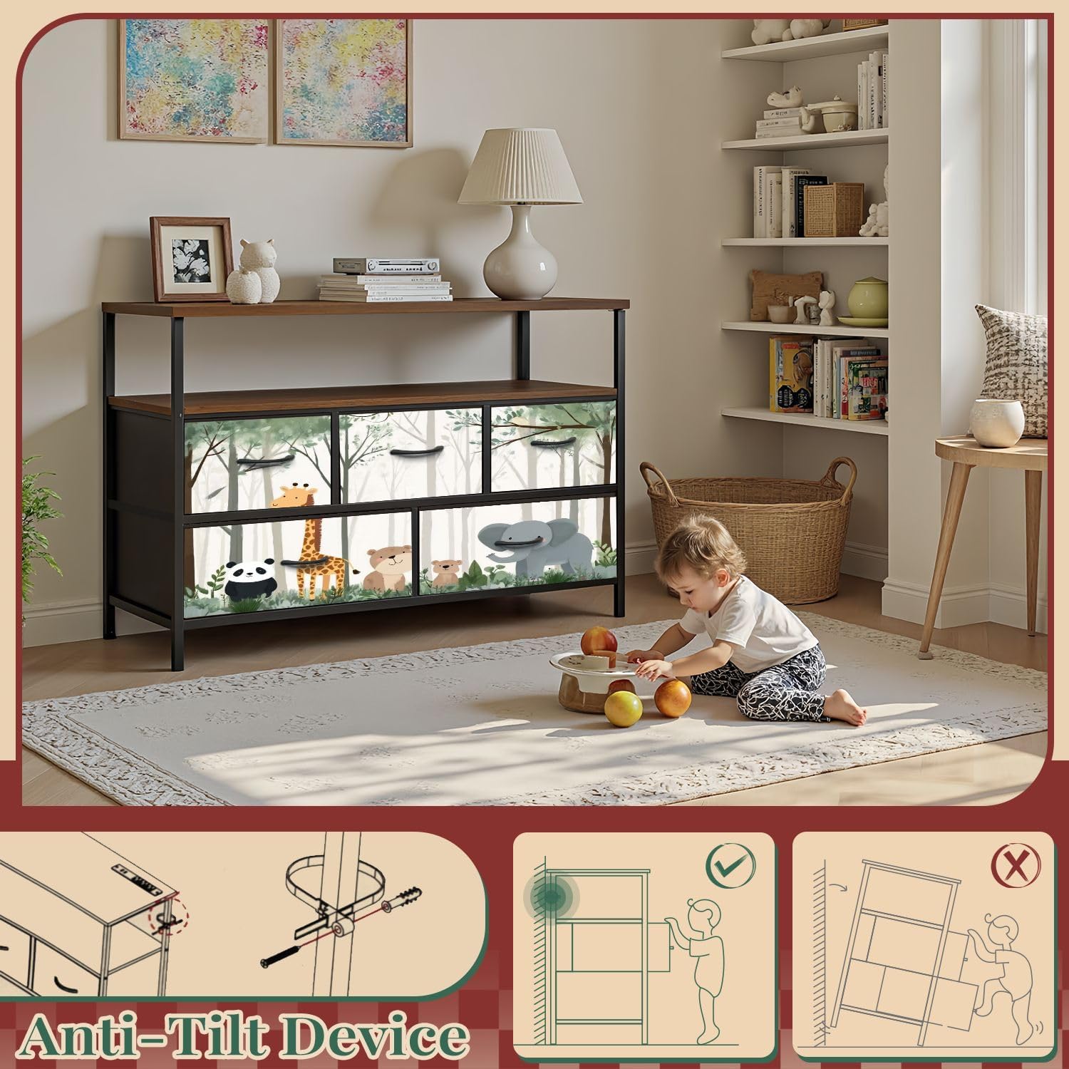 Dresser for Bedroom, Tv Stand for Bedroom Kids Tree Cute Animals Plants Bird Nursery Boys Dressers & Chests of Drawers Fabric Closet Organizers and Storage with 5 Drawers Dresser for Closet