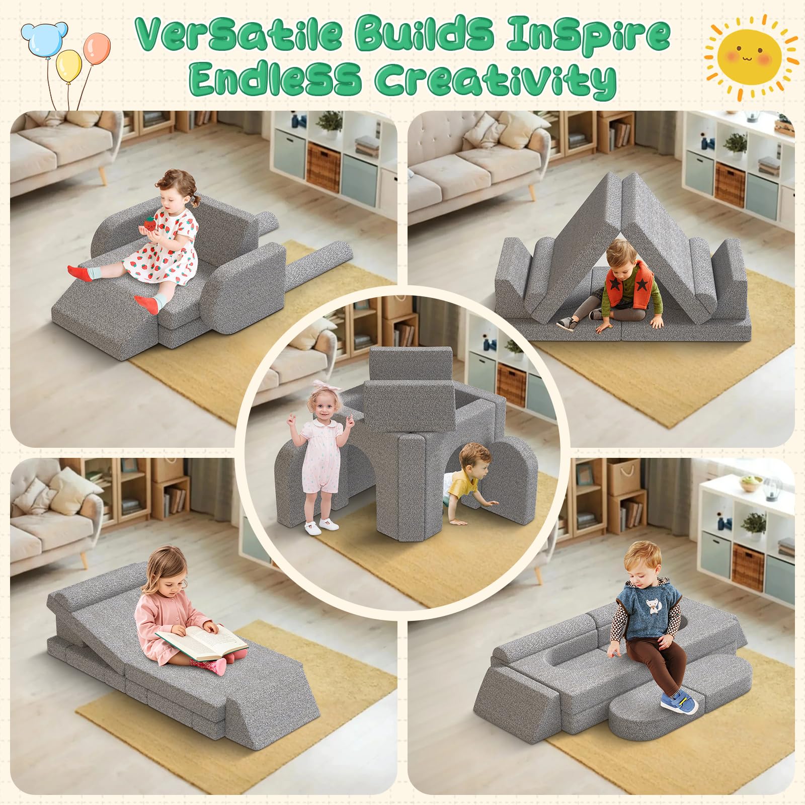 Sofá modular para niños con fundas lavables, sofá de espuma para juegos creativos, escalada y descanso, sofá convertible para niños, muebles de juego para habitación de niños o guardería 4