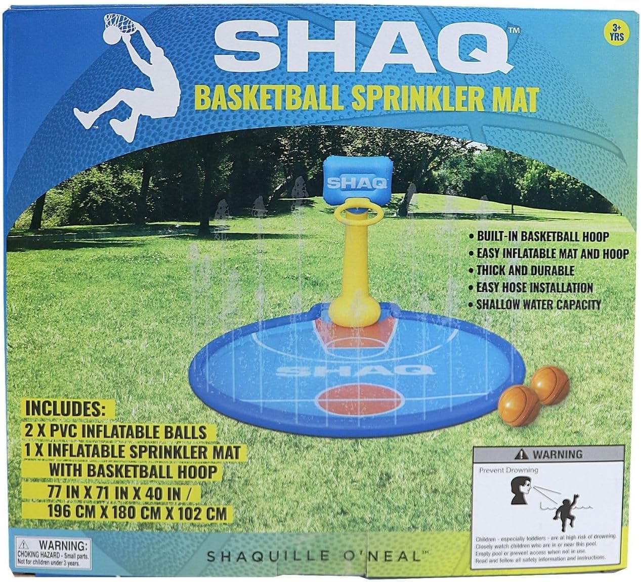 SHAQ Basketball Sprinkler Mat with Built-in Hoop, Durable PVC, Easy Inflation, Interactive Water Play