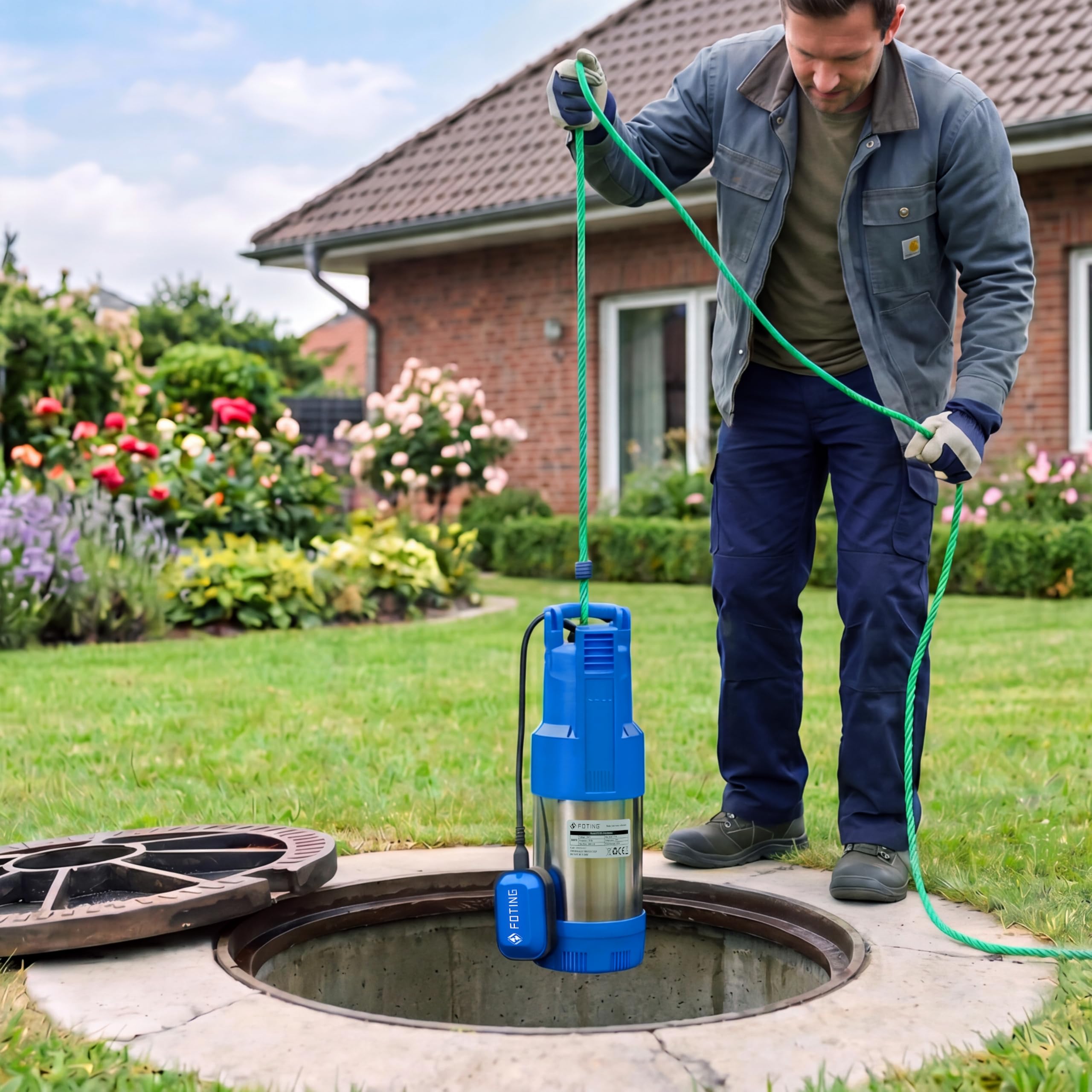 FOTING Tauch-Druckpumpe 4 inox, 1100W Tauchdruckpumpe mit 6800 l/h Fördermenge, Förderhöhe max. 47 m, Eintauchtiefe max. 7 m, integrierter Schwimmerschalter, für Schächte, Zisternen, Garten