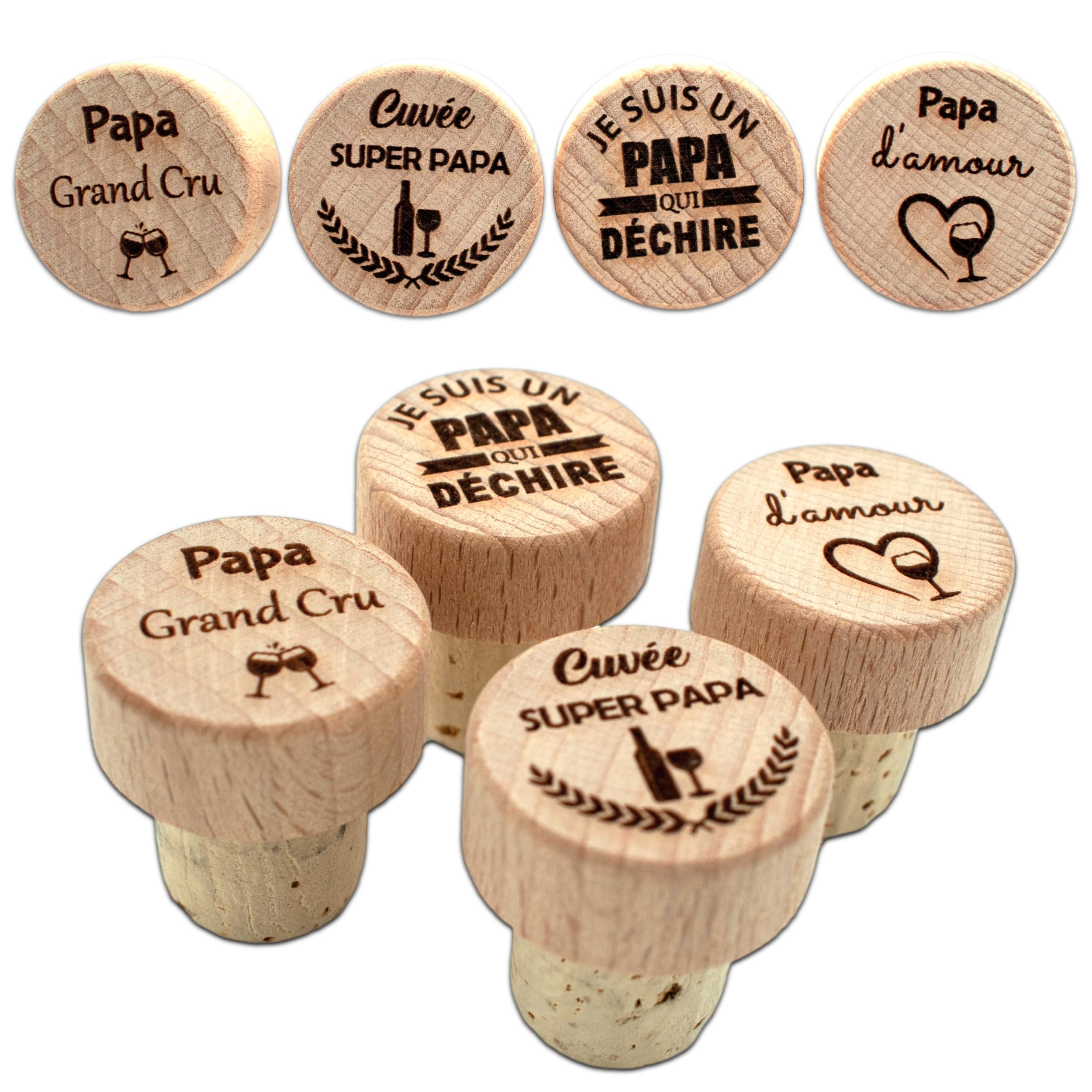 Lot de 4 Bouchons Papa personnalisés - Cadeau fête des pères - Idée Cadeau Homme - Accessoire vin