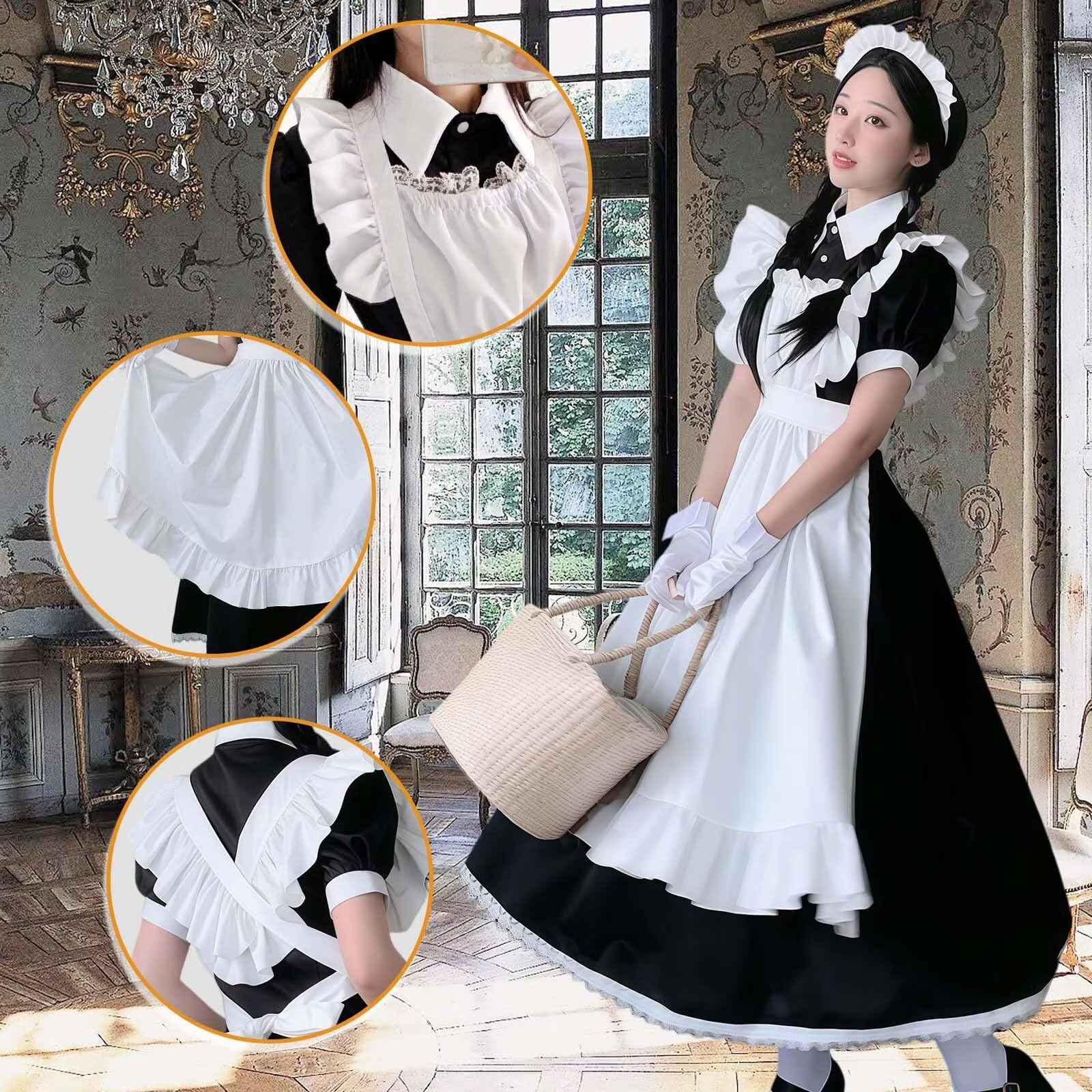 Maid Dress Cospaly Long Sleeve French Maid Costume Anime French Maid Dress Lungo Cameriera Costume con Grembiuli Copricapo per Halloween Carnevale Cosplay