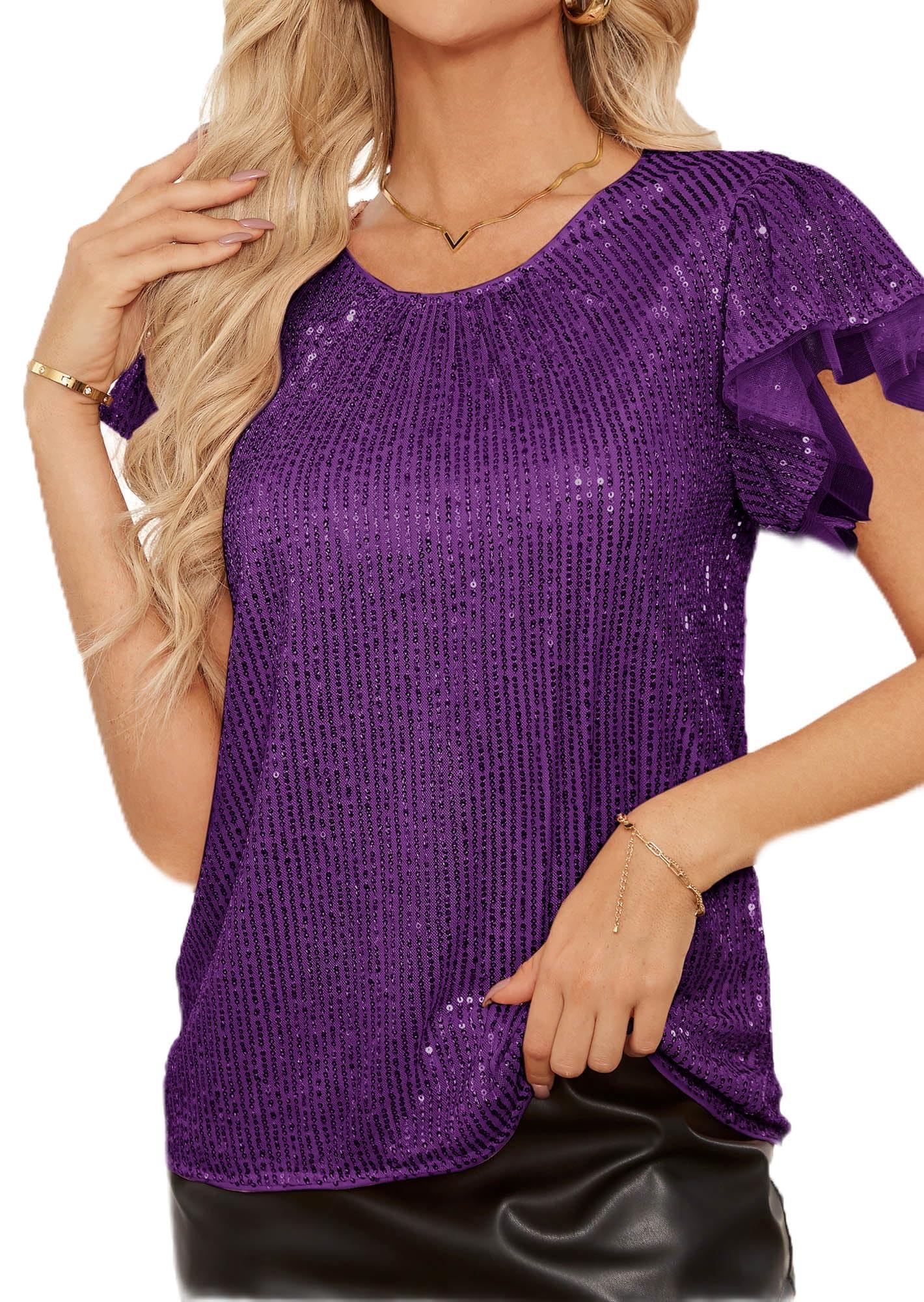 GRACE KARIN Women's Sparkly Sequin Tops Short Sleeve Glitter Dressy Blouses Round Neck Club Ruffle Party Tops