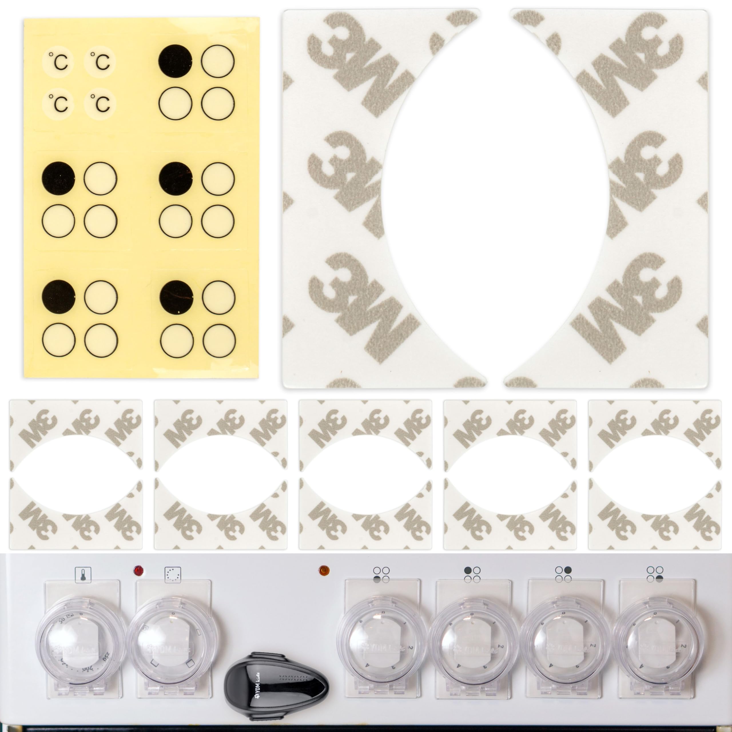 Herdknopf Kindersicherung Ersatz Klebe Pads, 12 x Hälften Pads, 1 x Beschriftungssticker, zur Wieder-Verwendung unserer Herd Drehknöpfe Kindersicherung, alten Kleber entfernen und neue Pads raufkleben