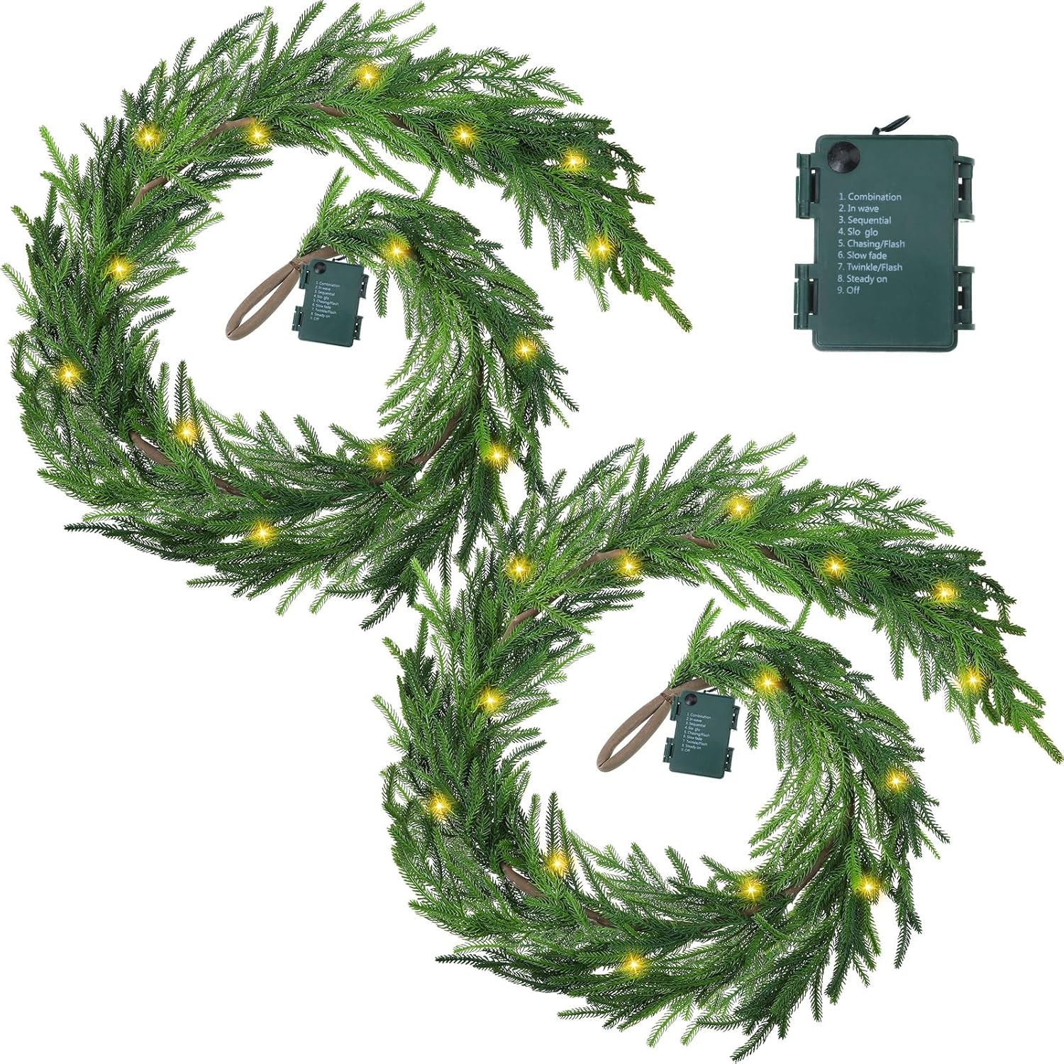 Wavyknot Real Touch Norfolk Pine Garland Faux Christmas Garland Pre Lit Artificial Pine Greenery Garlands with Warm White LED Lights for Xmas Holiday Wedding Party Outdoor Decorations (9 Feet, 1) 9 feet 1