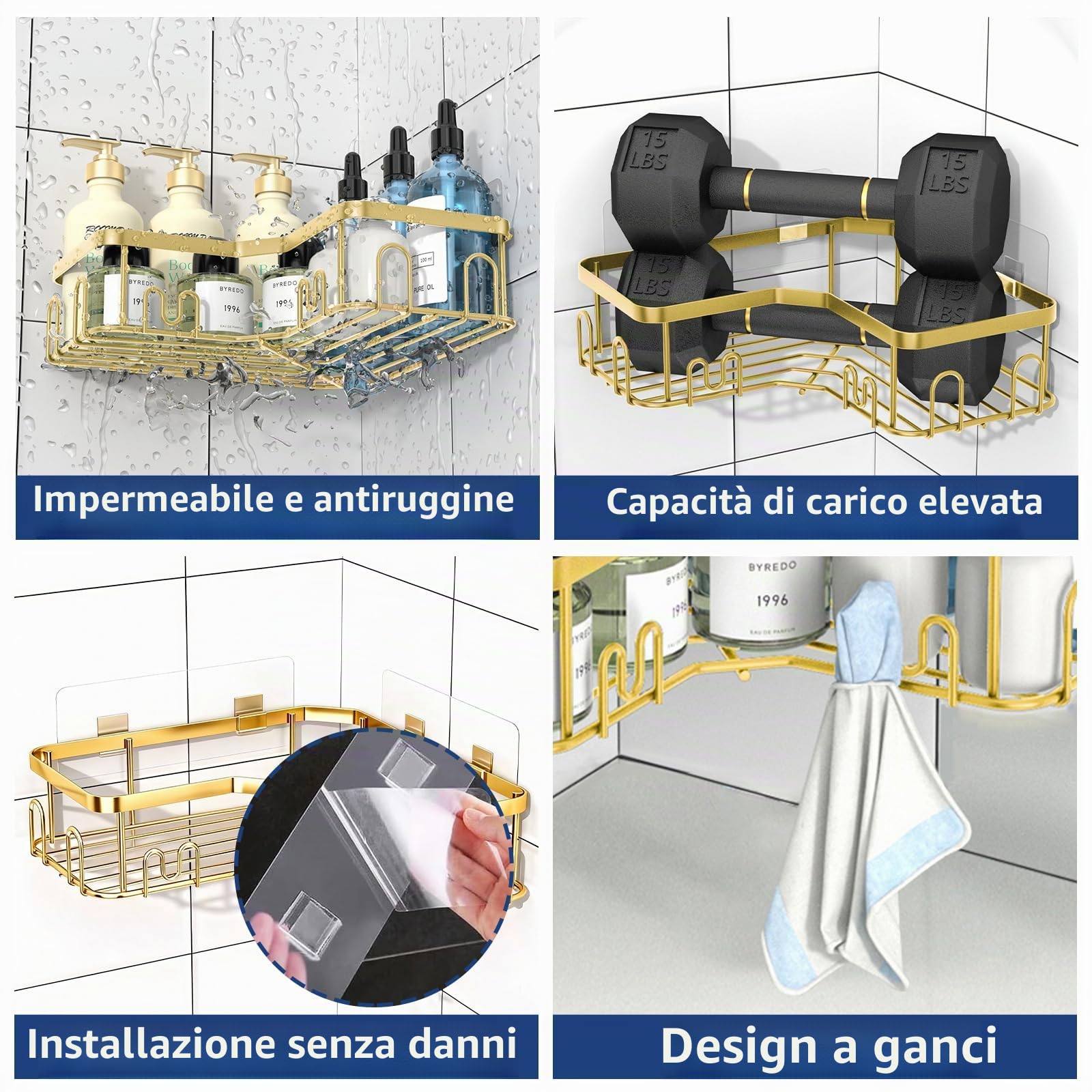 Menbyci Confezione da 3 mensole angolari per doccia, mensole adesive da bagno con 18 ganci, organizer per doccia senza trapano e ad asciugatura rapida con grande capacità, in acciaio inossidabile