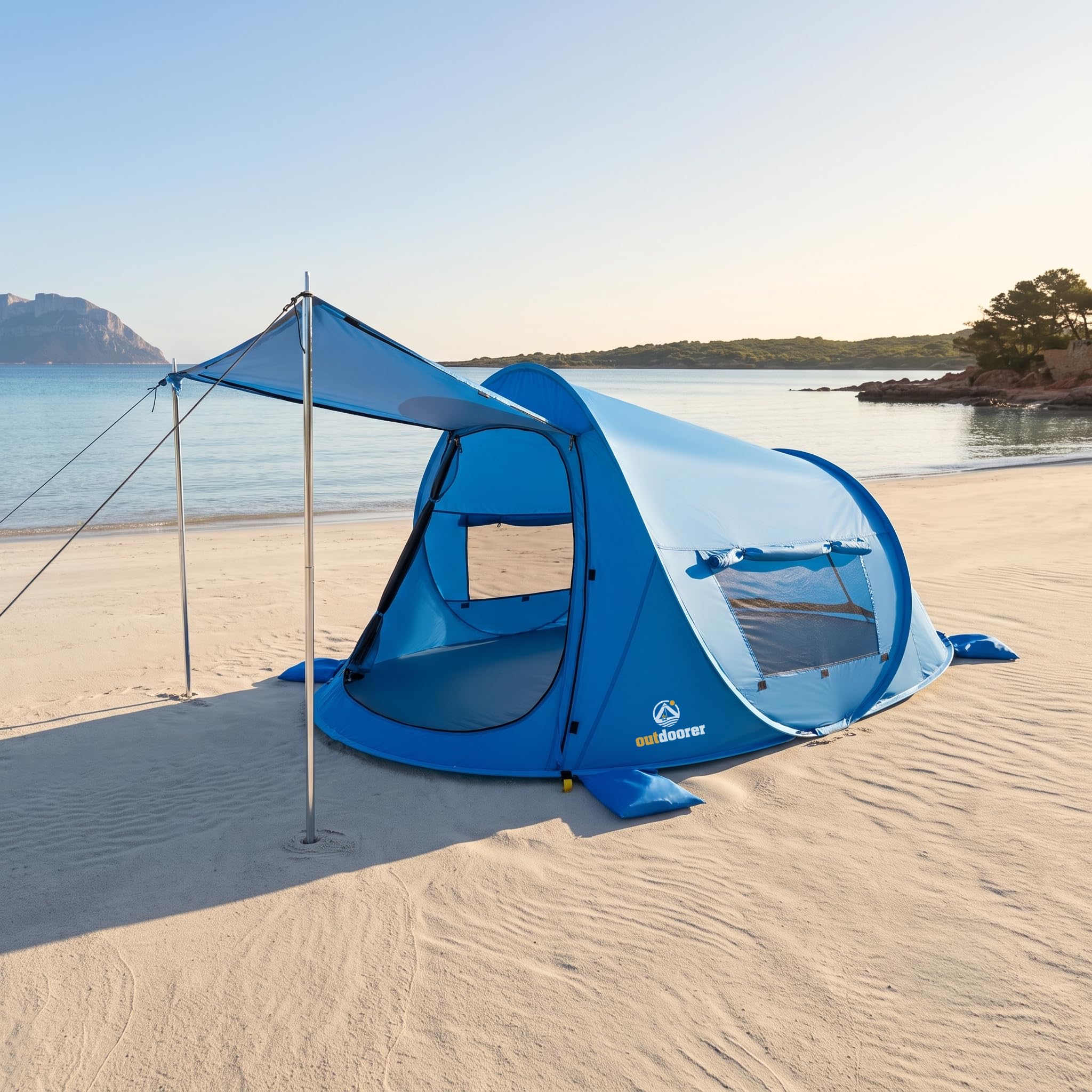 outdoorer Beach Air Max - UV 80 Pop up Strandmuschel Innovation 2026, kompakt, mit Vordach, einfacher Aufbau, für Koffer, mit Haken, groß, verschließbar, windstabil, Moskito Schutz.