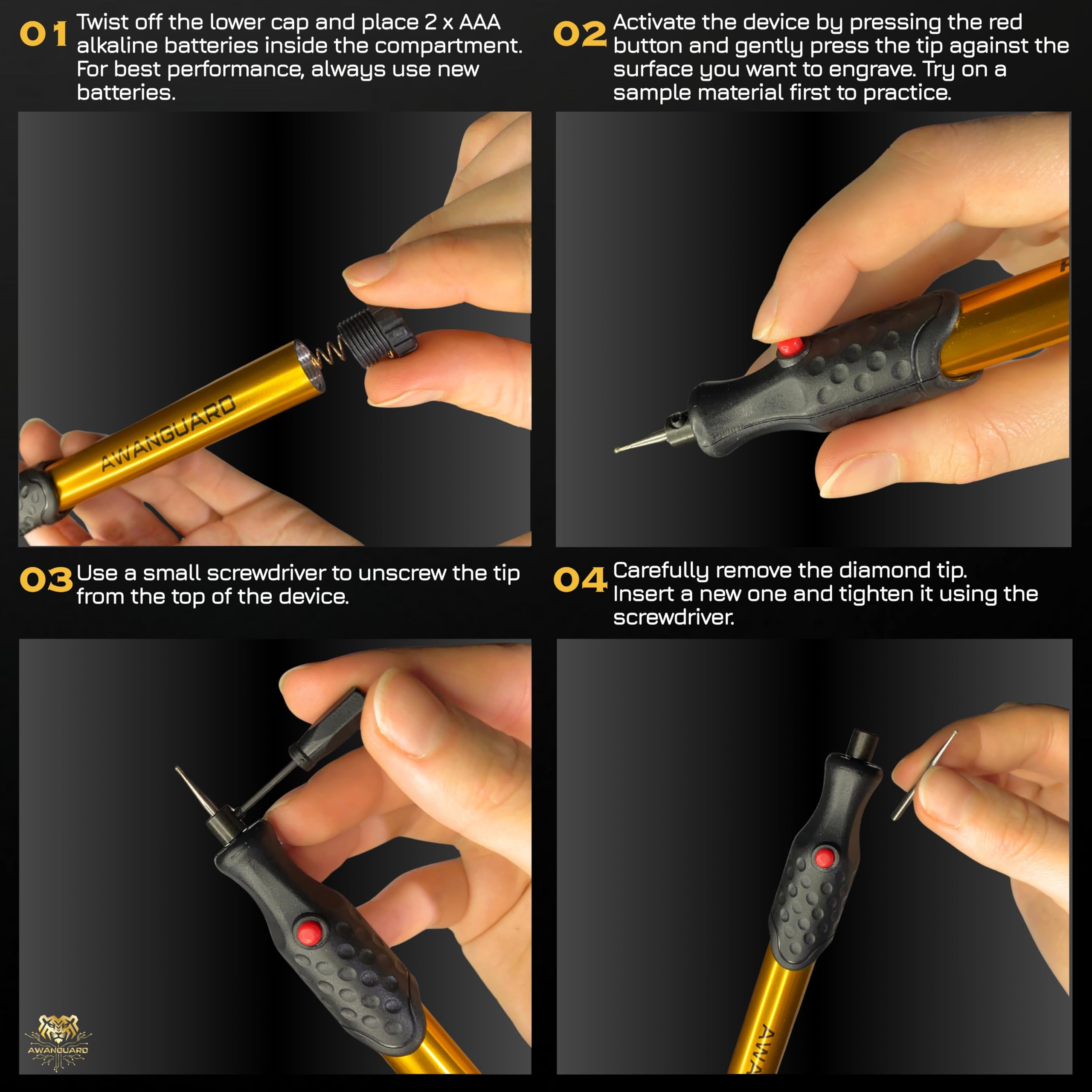 Diamond Tip Engraving Pen.Gravierstift mit Diamantspitze für Metall, Keramik, Glas gravieren - 2 x AAA Batteriebetrieben - Gravierstift Elektrisch für DIY Schmuck und Schloss Gravur Gerät