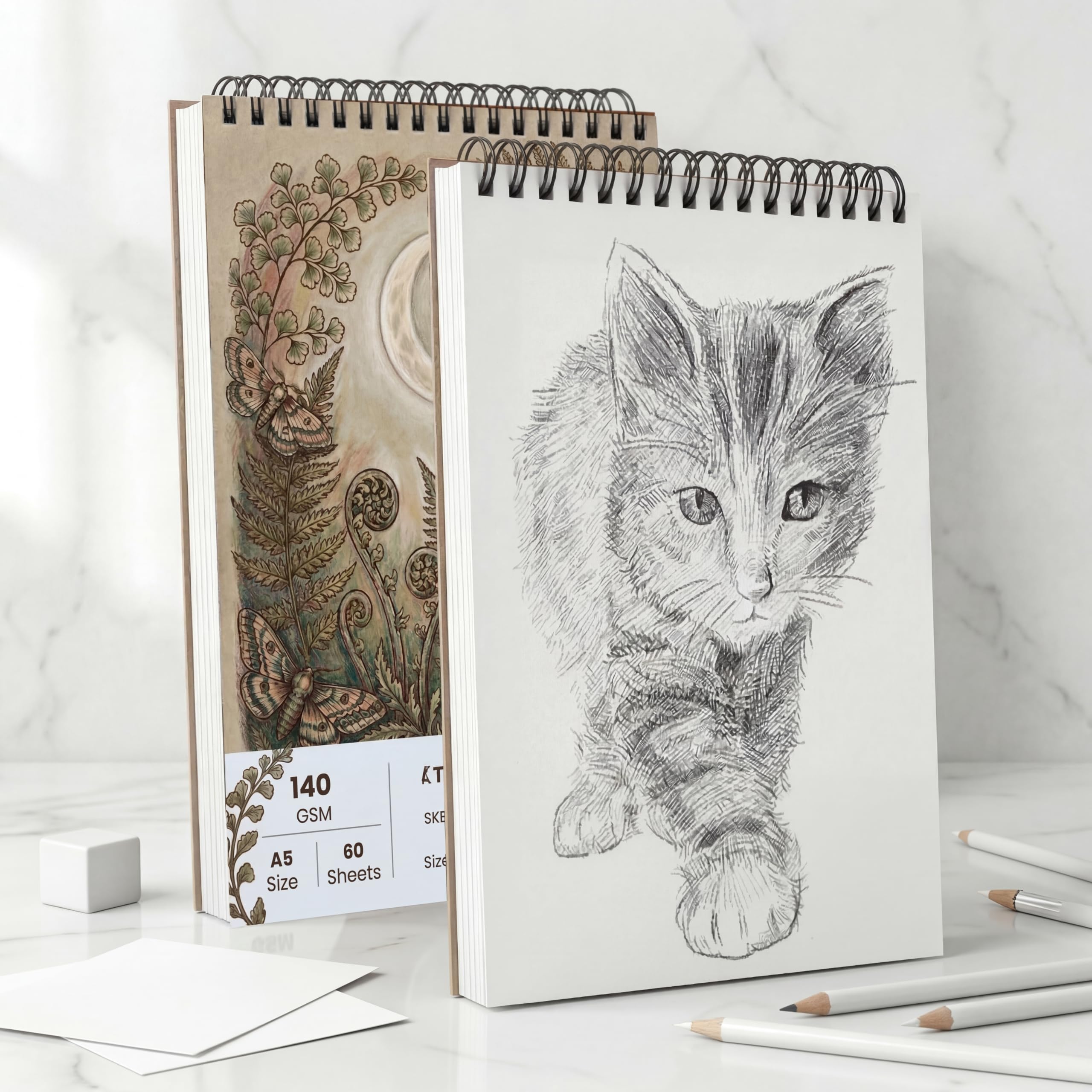 Turron A5 Sketchbook for Artists - 140 GSM Natural Shade Paper | 120 Pages (60 Sheets) Wiro-Bound Spiral Sketch Pad for Drawing, Shading & Doodling | Acid-Free (Vintage Botanical, A5, Top Wiro Binding) 1