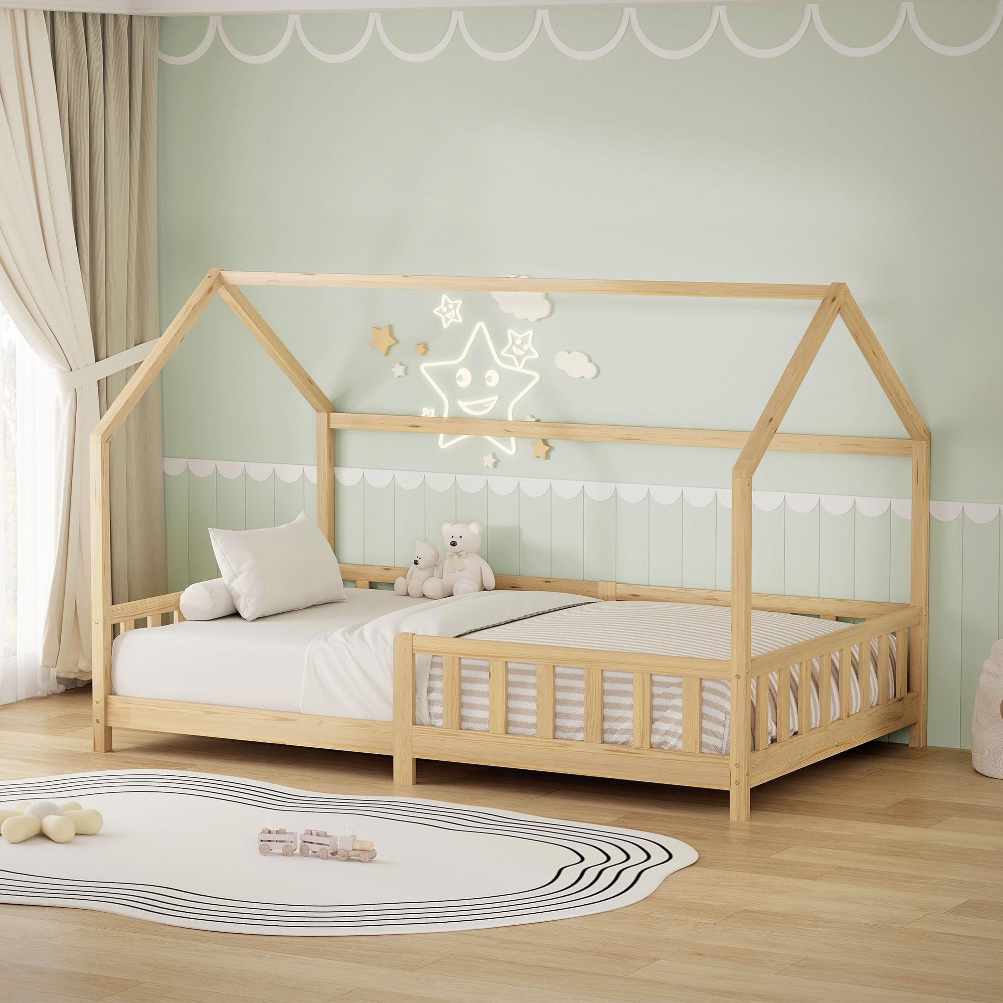 ML-Design Letto a Casetta per Bambini 120x200 cm con Protezione Anticaduta, Tetto e Rete a Doghe, Naturale, Letto a Terra Montessori in Legno Massello di Pino, Letto Singolo per Cameretta