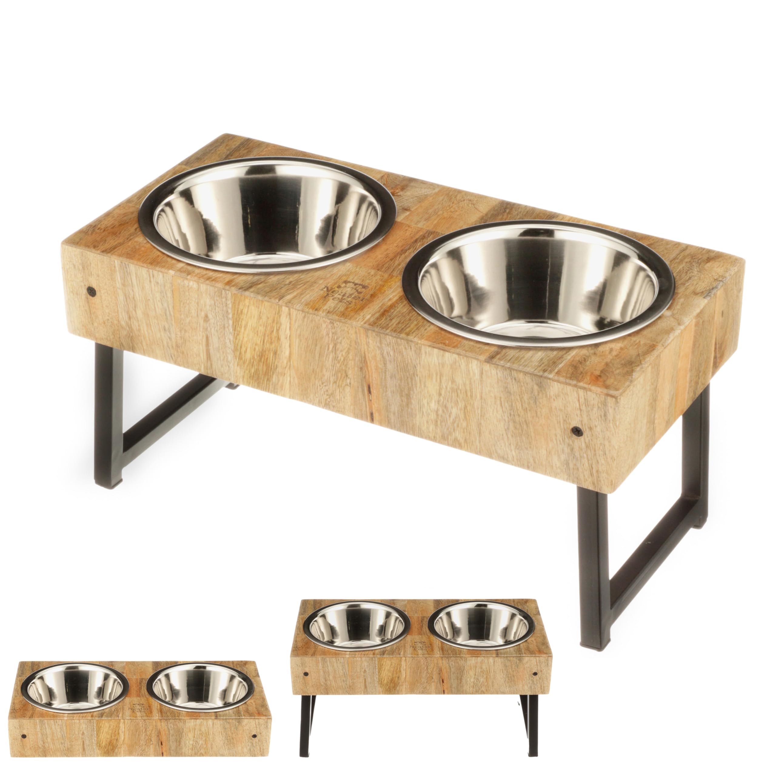 Neater Pets Elevated Pet Bowls for Cats and Dogs, Adjustable Height with Foldable Legs, Raised Wooden Stand with Stainless Steel Food Bowl and Water Bowl (Medium, 3.5 Cup Bowls)