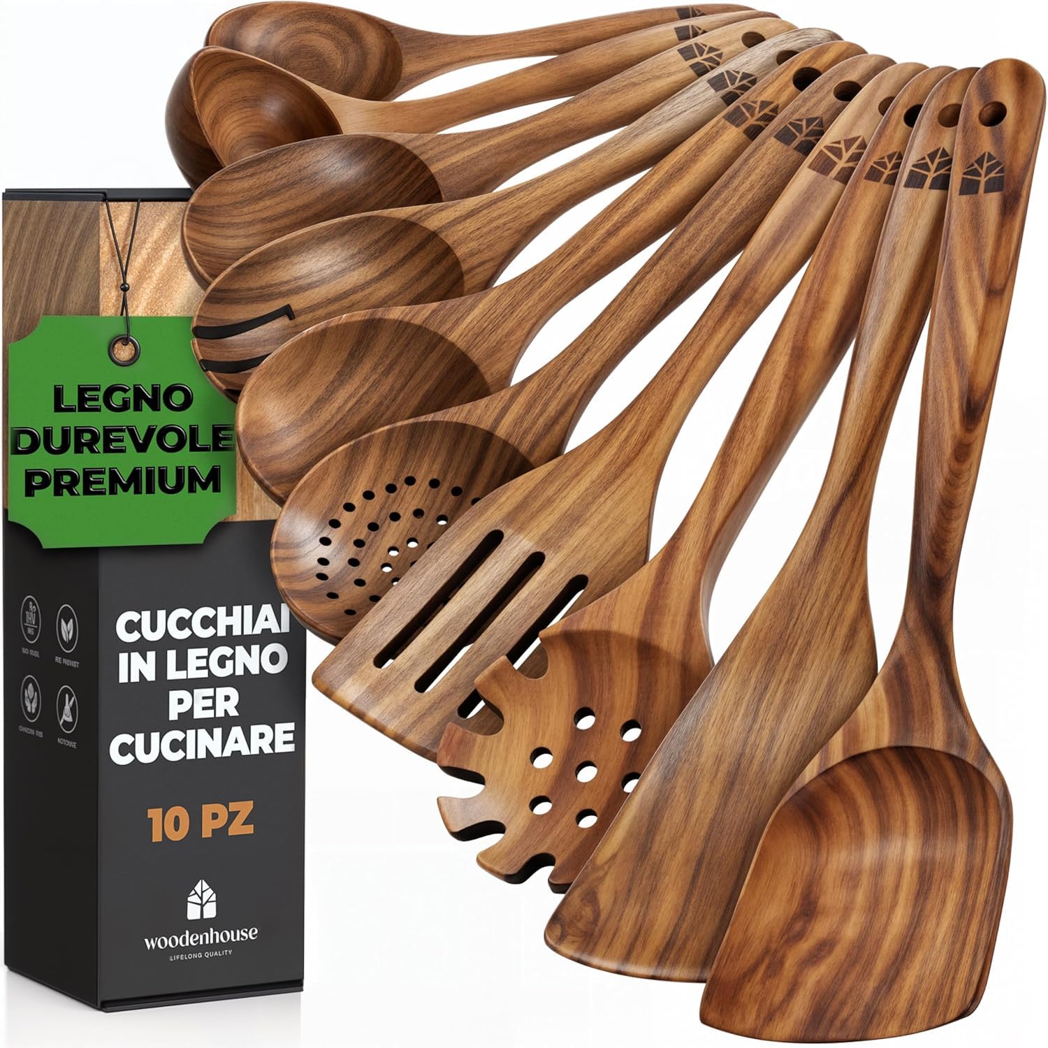 Set Utensili Cucina in Legno 10 Pezzi - Spatola Cucina e Cucchiai Legno, Accessori Cucina Fatti a Mano, Utensili Cucina Robusti e Leggeri, Ideali per Pentole e Padelle Antiaderenti, Antigraffio