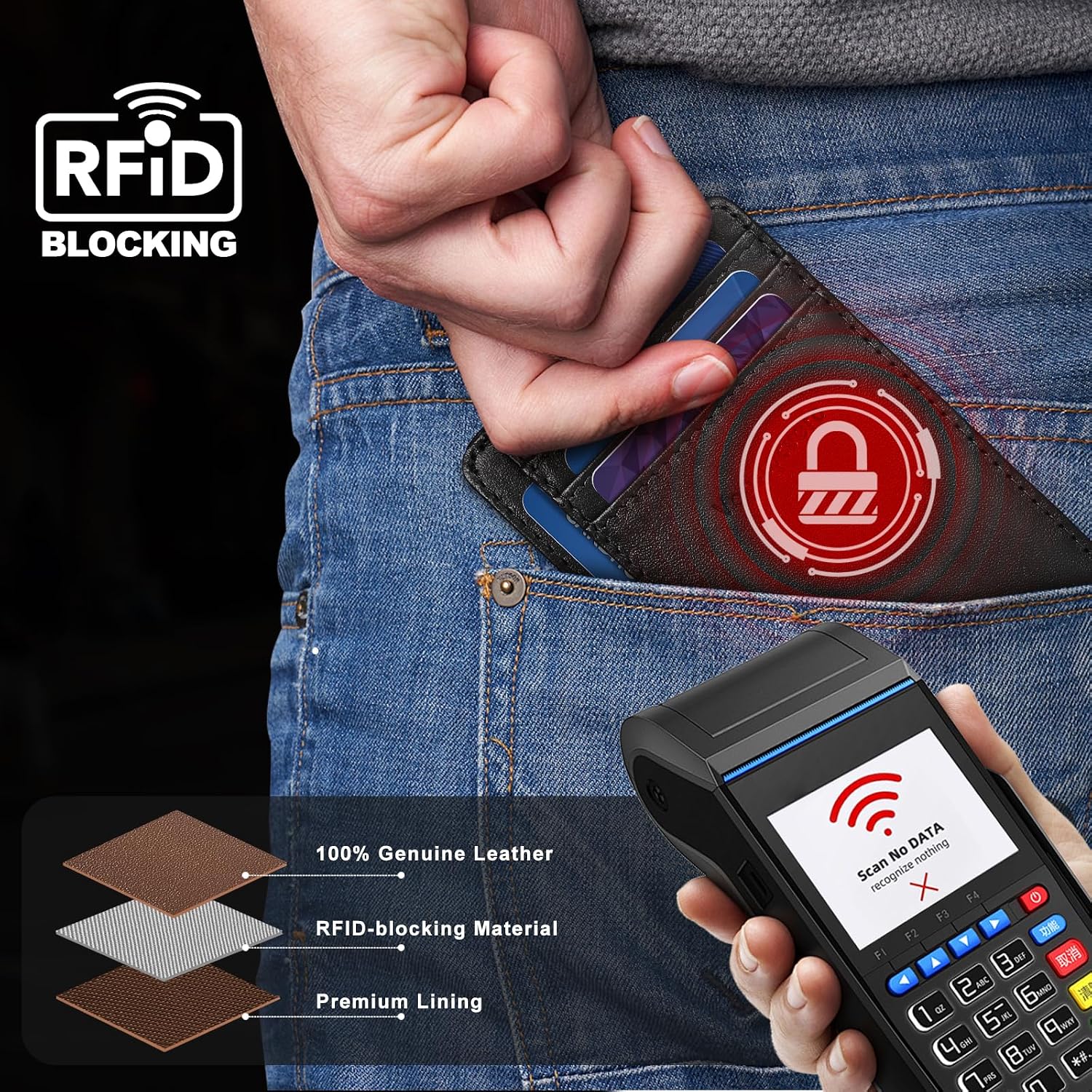 Slim Minimalist Front Pocket Thin Wallet RFID Blocking 100% Genuine Grain Leather Credit Card Holder for Men Women with Gift Box - Grain Leather Black