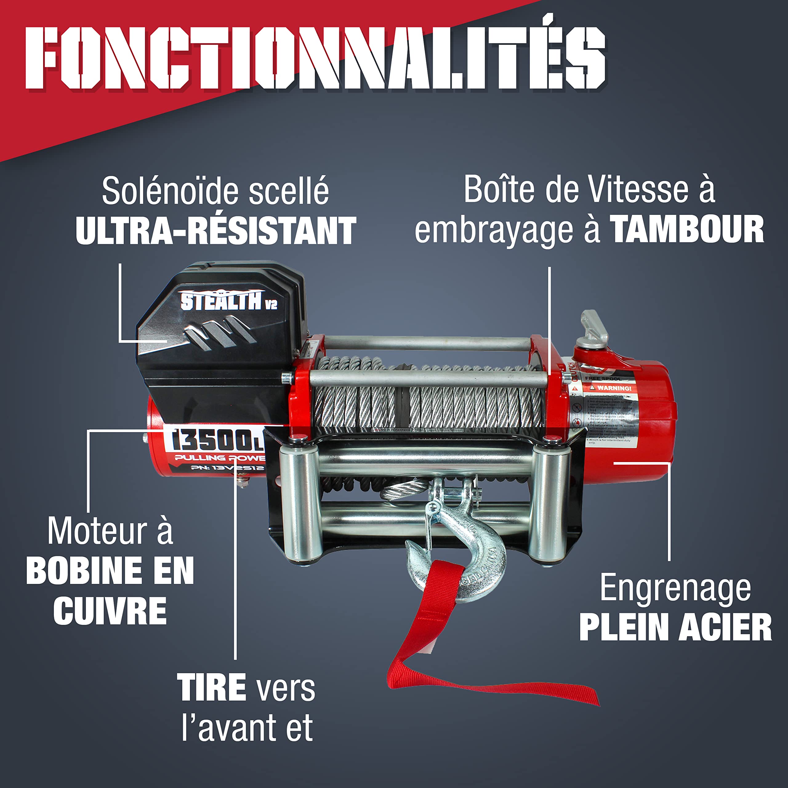 Stealth V2 13500lb 12v Treuil électrique économique sans fil - Moteur haute puissance, engrenage en acier intégral, solénoïde scellé robuste, 2 télécommandes sans fil, convivial - Câble en acier
