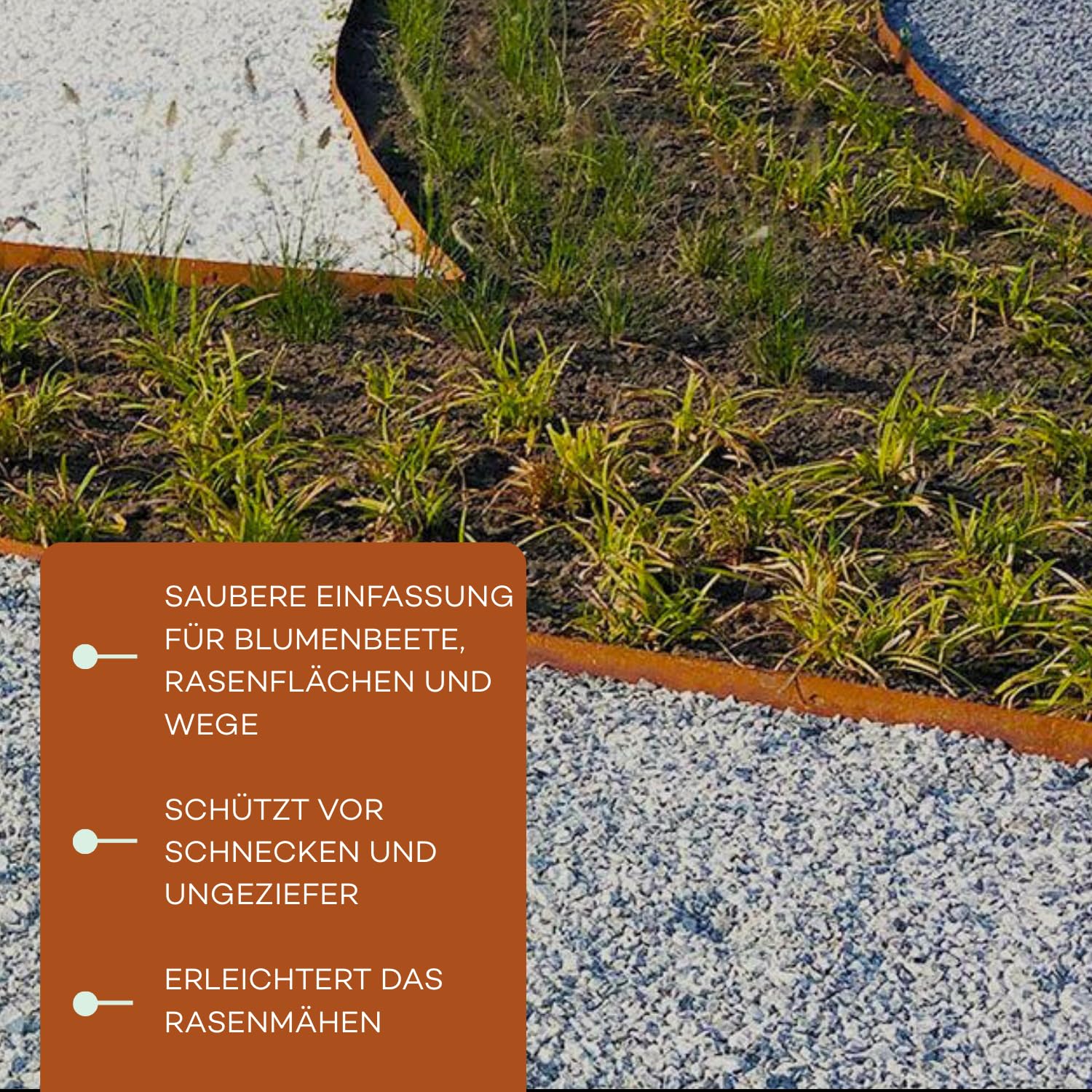 Rori Cortenstahl Rasenkante 10 m - 10 cm Höhe - abgerundete Oberseite - 10 x 1m Rasenkanten biegen - DIY Lawn Edging - Umzäunung für Obstgärten - Beeteinfassung