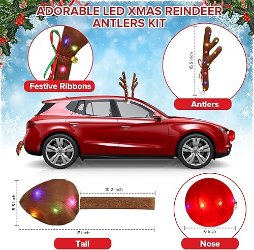 Miniatura 3 de Encantadora decoración de coche de Navidad, kit festivo de renos, decoración de reno LED, bonito regalo para familias y amigos, adecuado para Jeeps,
