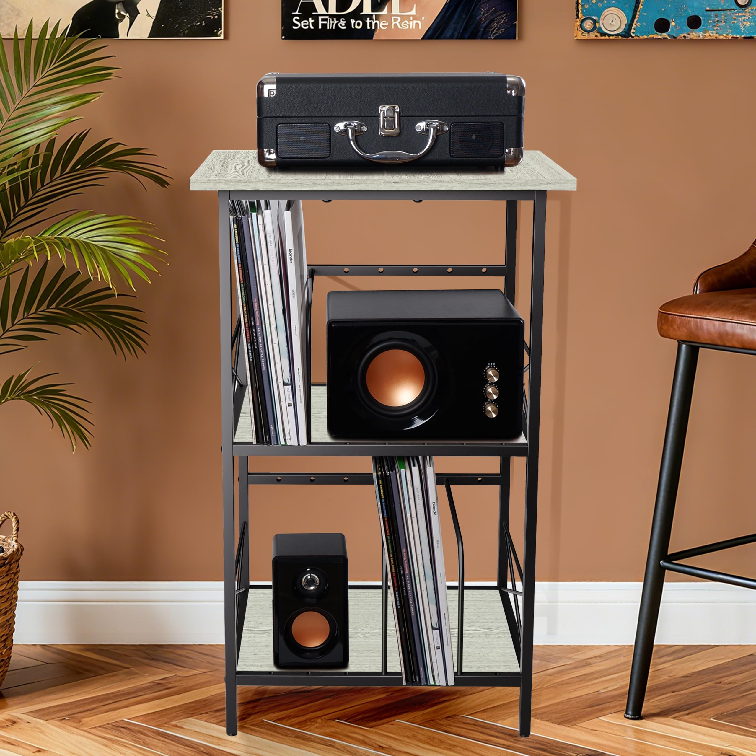 Soporte para tocadiscos con 4 separadores ajustables, mesa auxiliar de 3 capas, almacenamiento de discos de vinilo con capacidad para 200 LPs, mesa multifuncional para el hogar, color