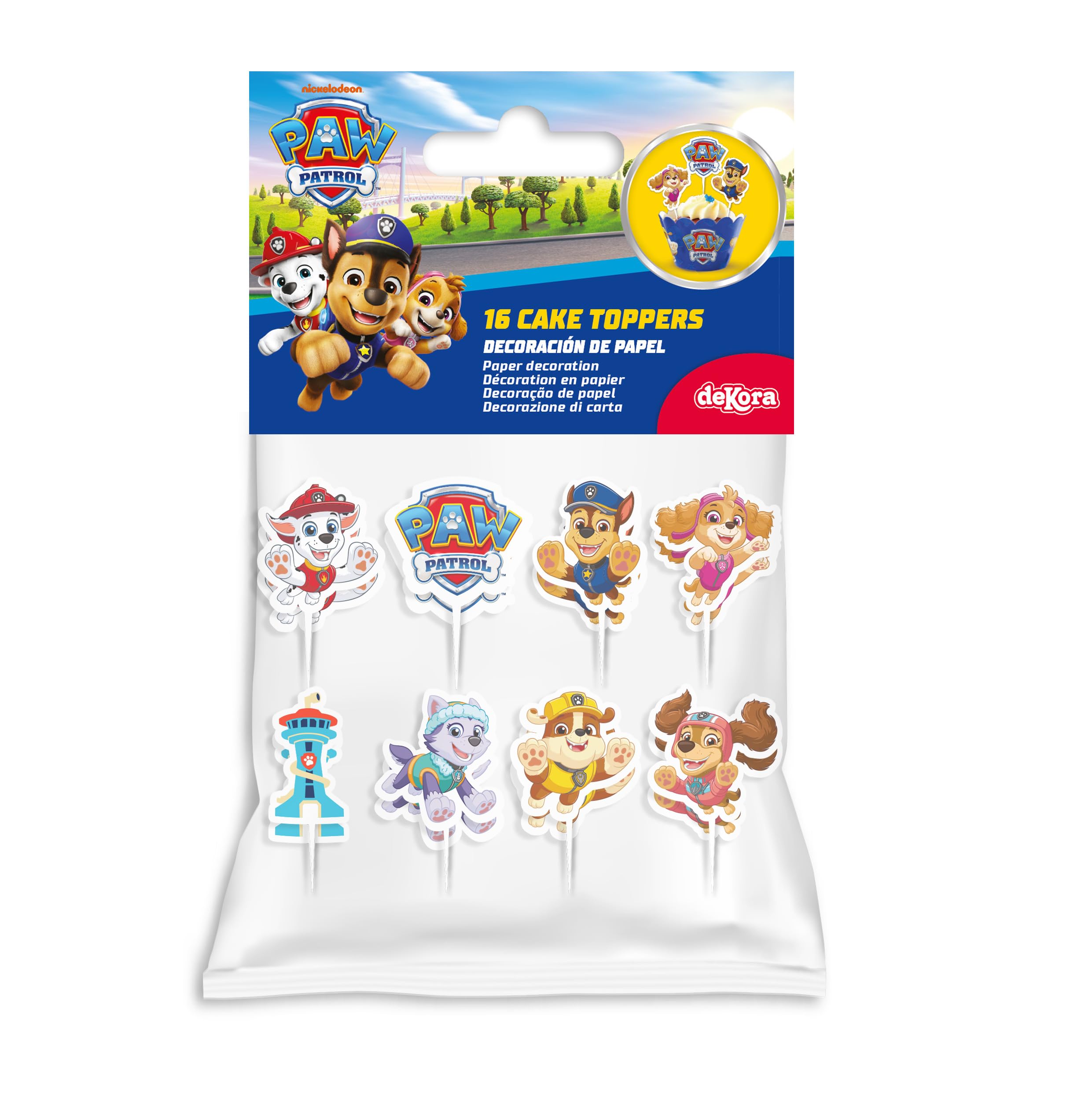 dekora, Paw Patrol Cake Toppers Cupcake and Cake Decorating Kit, Ideal for Children's Birthday Parties, 8 Models, 16 Pieces of Paper