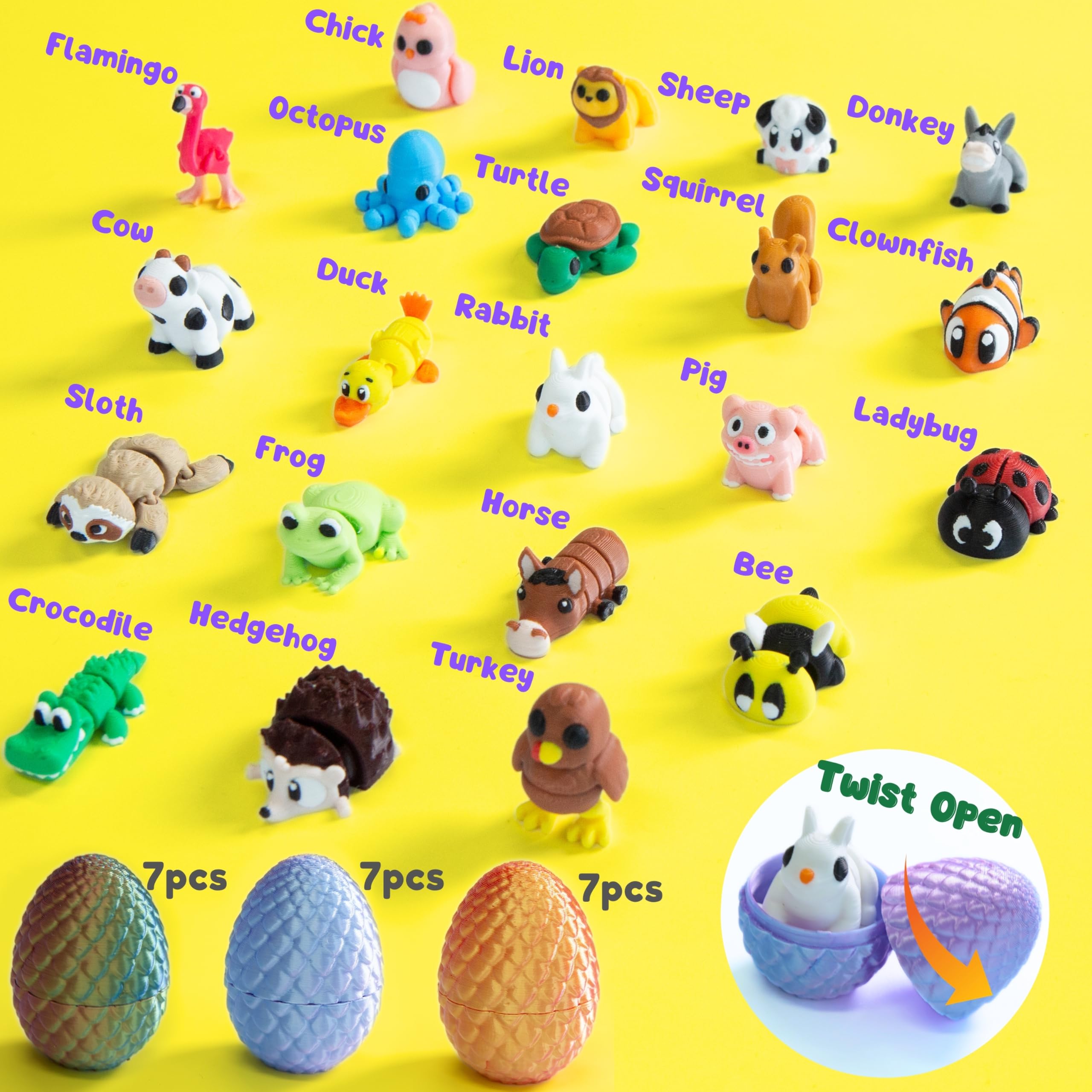 MONJITA 21-częściowy zestaw jajek wielkanocnych z nadrukiem 3D z 21 mini figurkami zwierząt, ruchome, elastyczne zabawki fidget, upominki na imprezę, wypełnienie koszyków wielkanocnych i prezenty dla