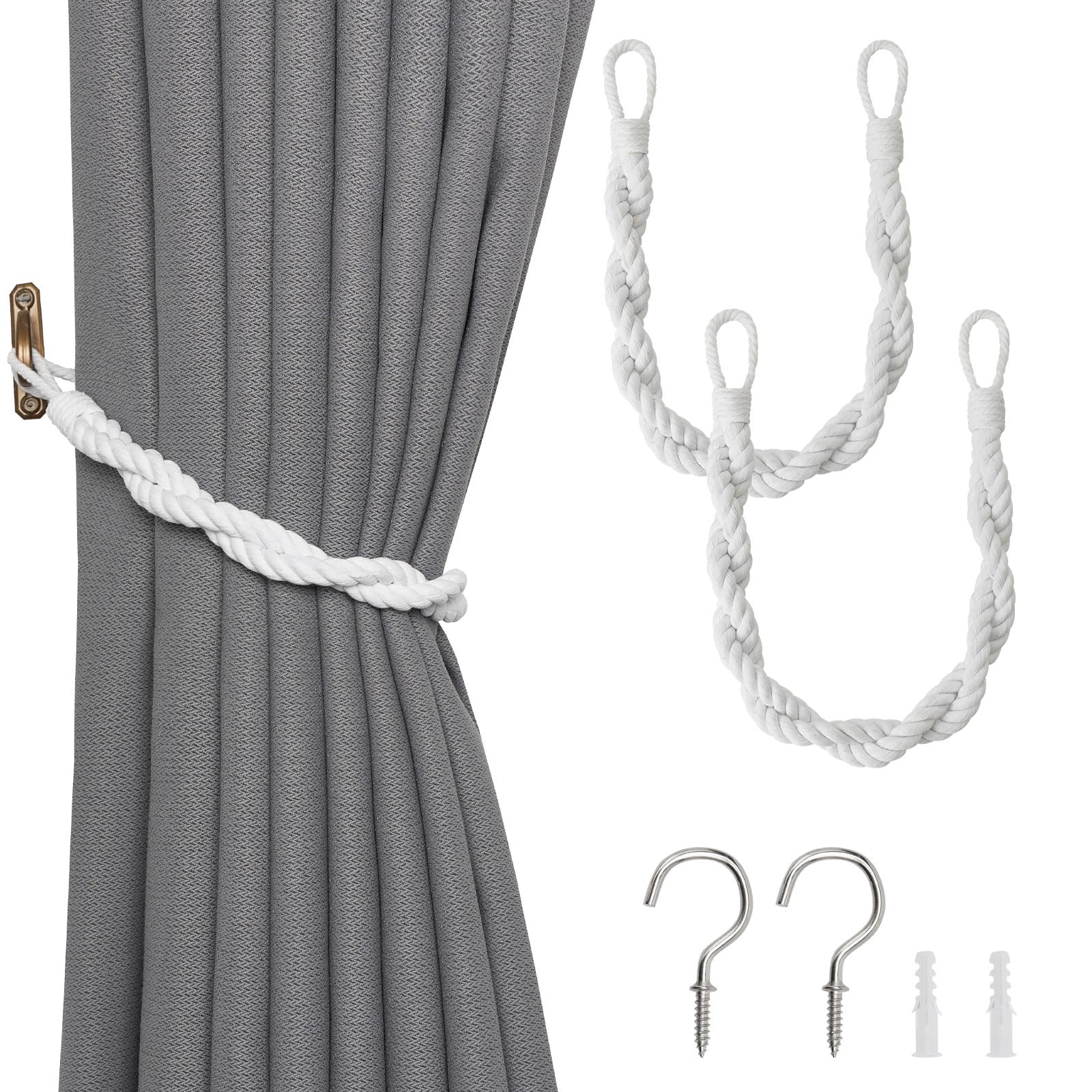 NICEEC 2 Pack Natural Cotton Rope Curtain Tiebacks Elegant Boho Style Decor Drape Tie Backs Soft Hand-Woven Double Rope Curtain Holdbacks with Metal