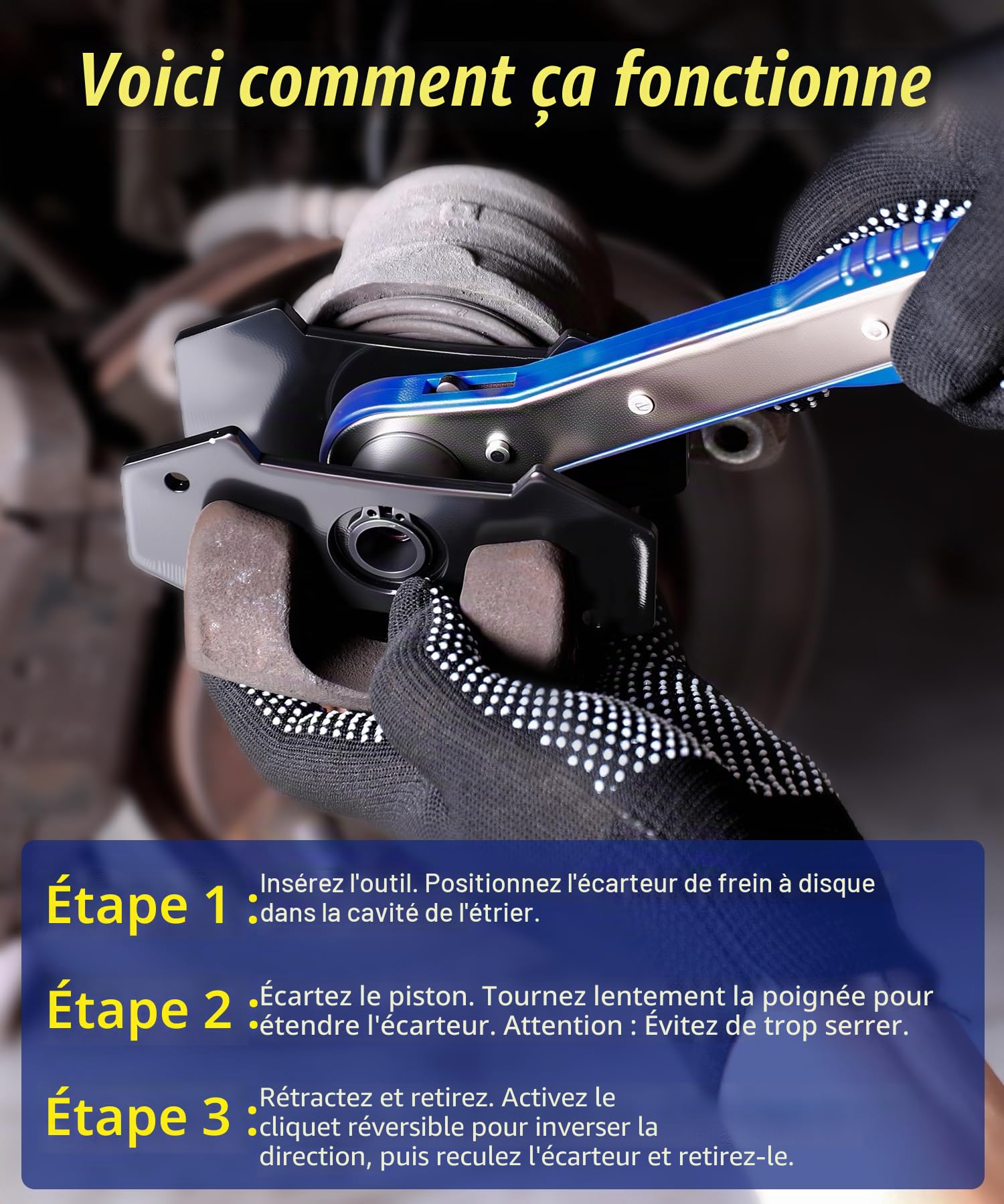 Outil de compression pour étrier de frein, interrupteur à cliquet pivotant à 360° avec 2 grandes plaques en acier supplémentaires et 2 crochets et poignée en nylon, gants de travail pour