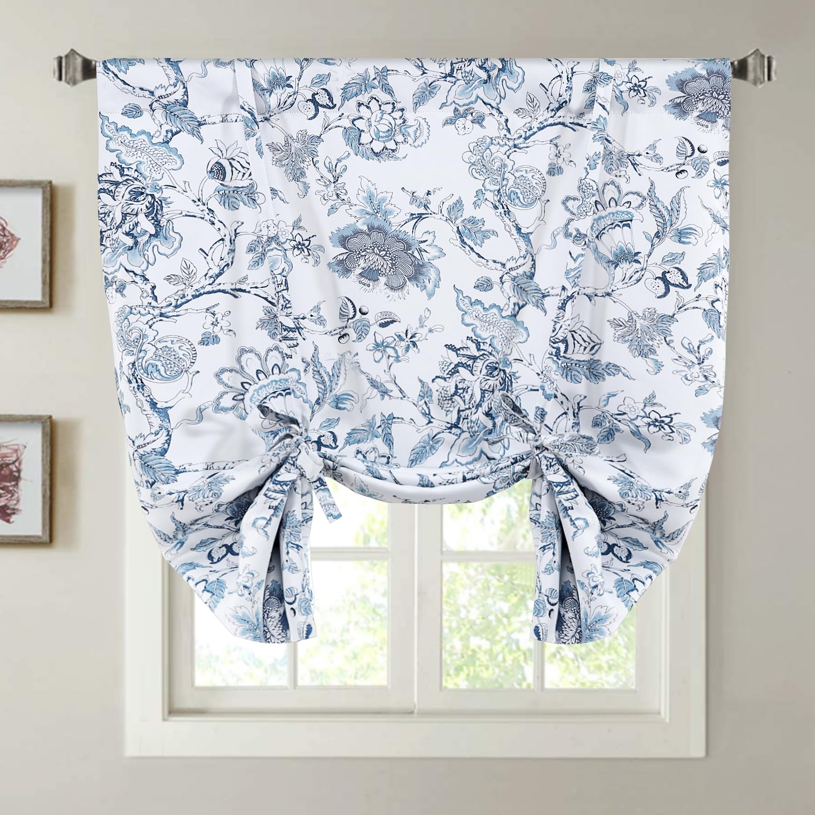 H.VERSAILTEX Thermal Insulated Blackout Curtain Adjustable Kitchen Tie Up Curtains Rod Pocket Panel for Small Window-42 Wide by 63" Long-Vintage Floral in Storm Blue