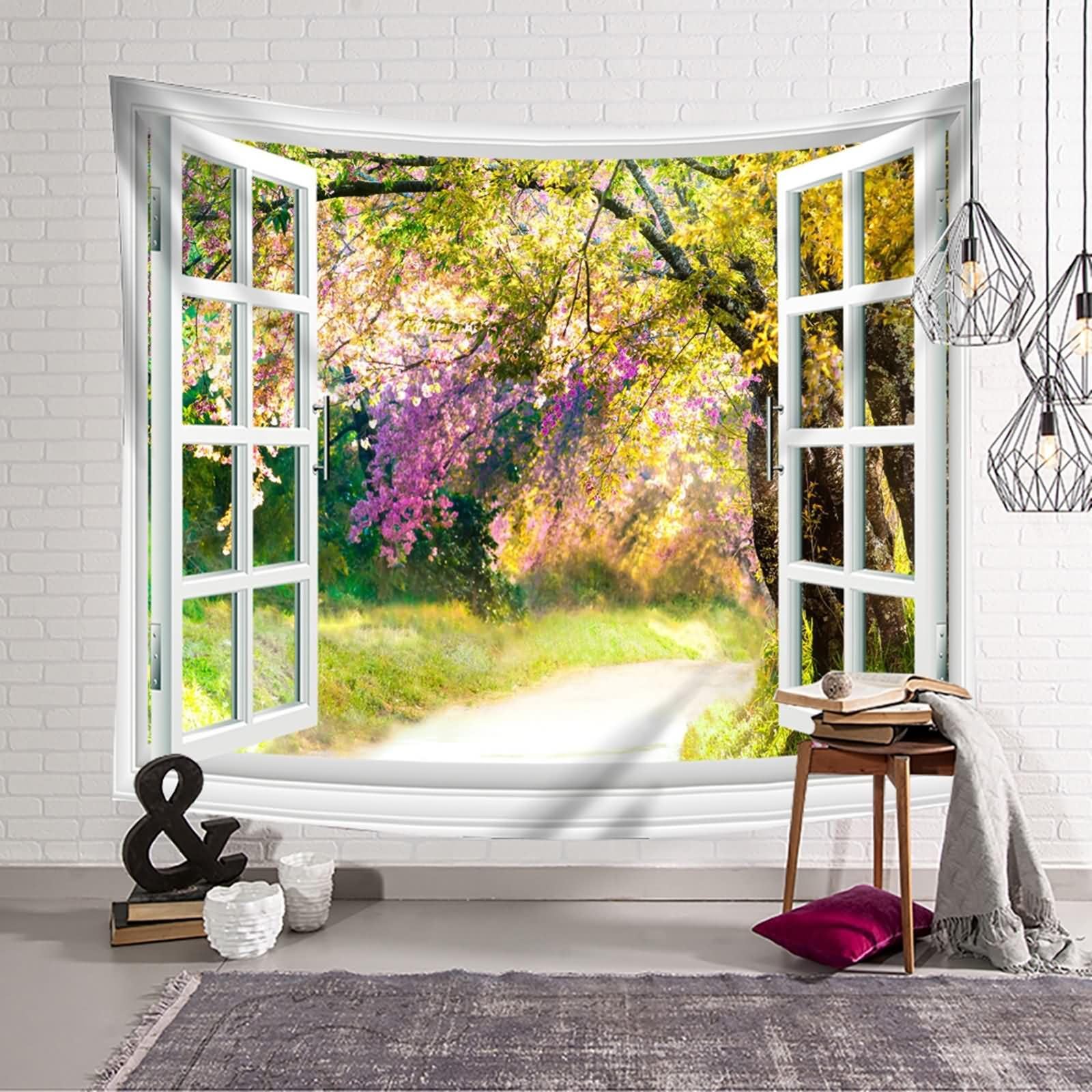 Homxi Tapiz Sofa 200 x 200 CM,Paisaje Natural de Ventana Tapices de Sofá Poliéster Blanco Verde