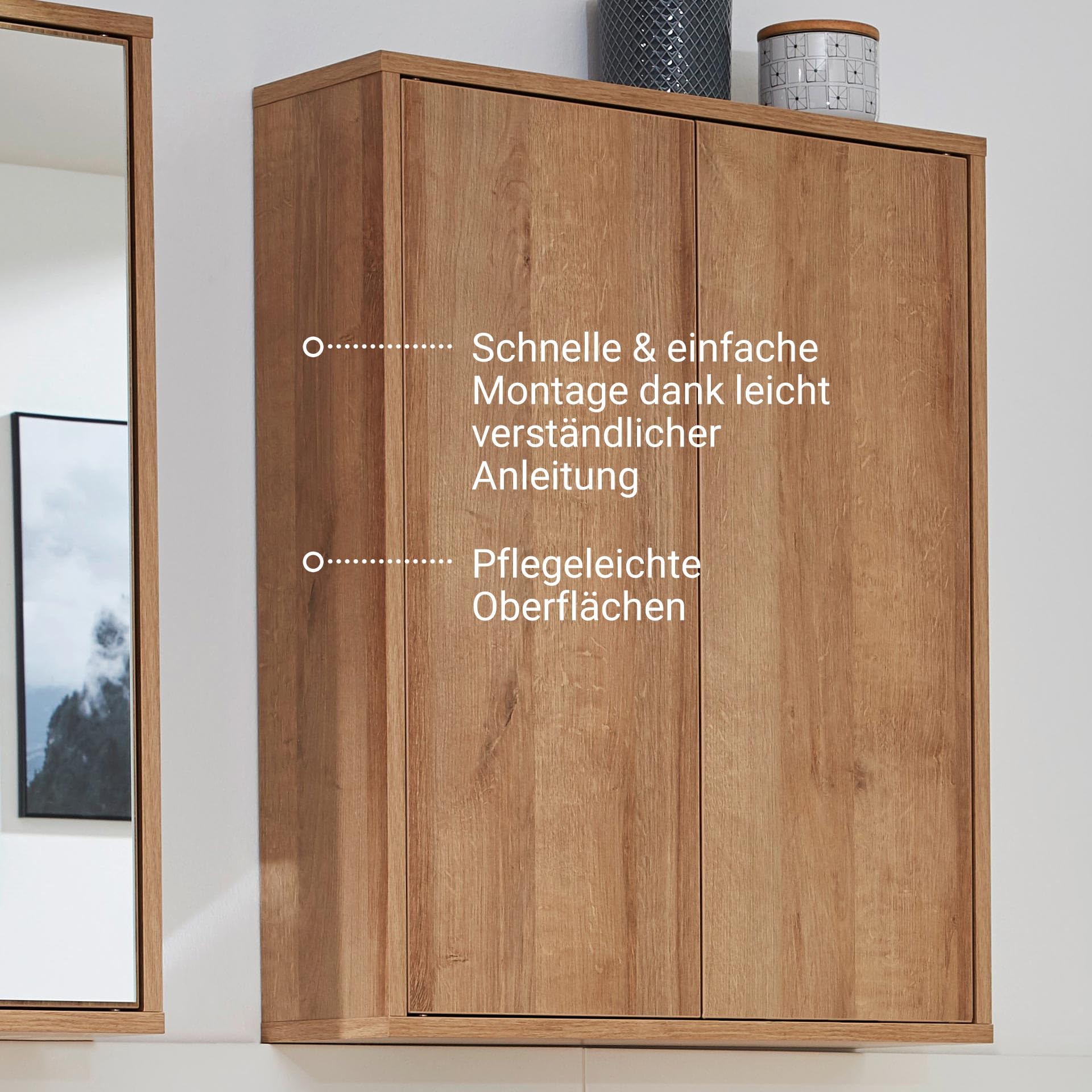 BadeDu Minho Hängeschrank – 60 cm in AST-Eiche Optik, Moderner skandinavischer Stil, 2 Türen mit 2 Glaseinlegeböden, Made in Germany