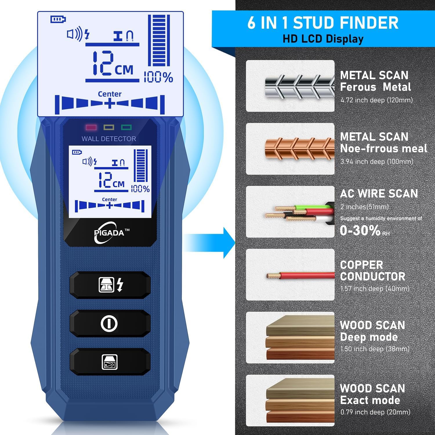 Rilevatore 6-in-1 Per Tubi E Cavi Elettrici – Scanner A Parete Con LCD E Allarme Sonoro, 3 Profondità Per Legno, Metallo E Fili Sotto Tensione