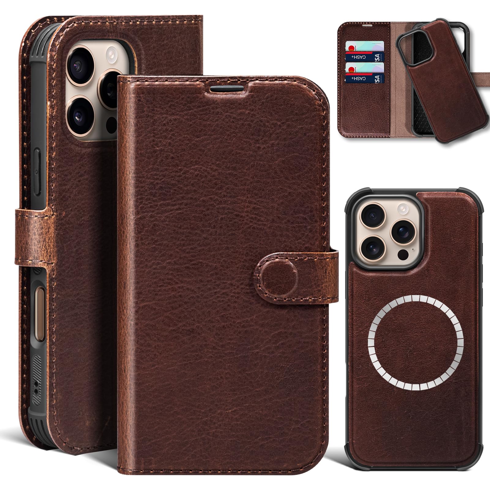 Thryxop Wallet Case for iPhone 16 Pro Max 6.9,Genuine Leather 2-in-1 Magnetic Detachable Shockproof Case,Flip Folio Cover with Card Slot, RFID