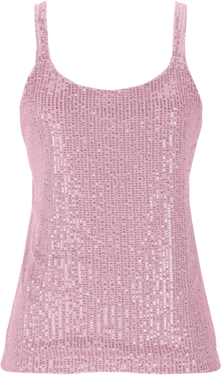 Women's U Neck Camisole Tank Tops Sparkly Sequin Sleeveless Casual Tanks Classic Solid Color Party Holiday Blouse