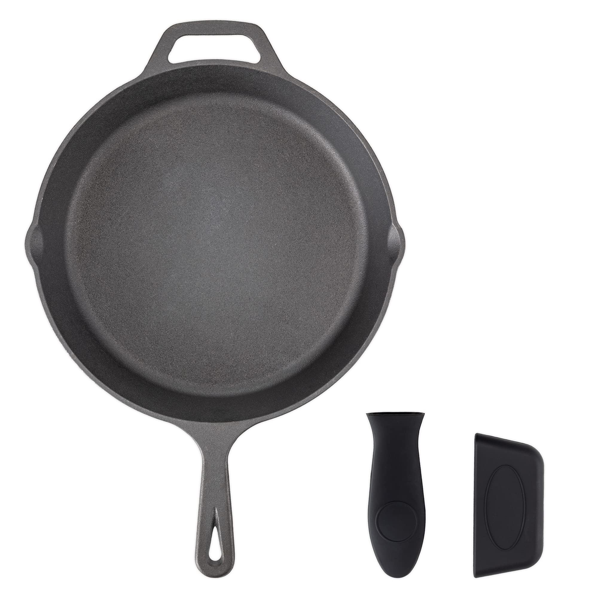 Navaris Poêle en Fonte Naturelle - Poêle à Frire Ø 30 cm Induction Four Feu Cuisinière Grill Barbecue - Antiadhésif avec 2X Manchon Silicone