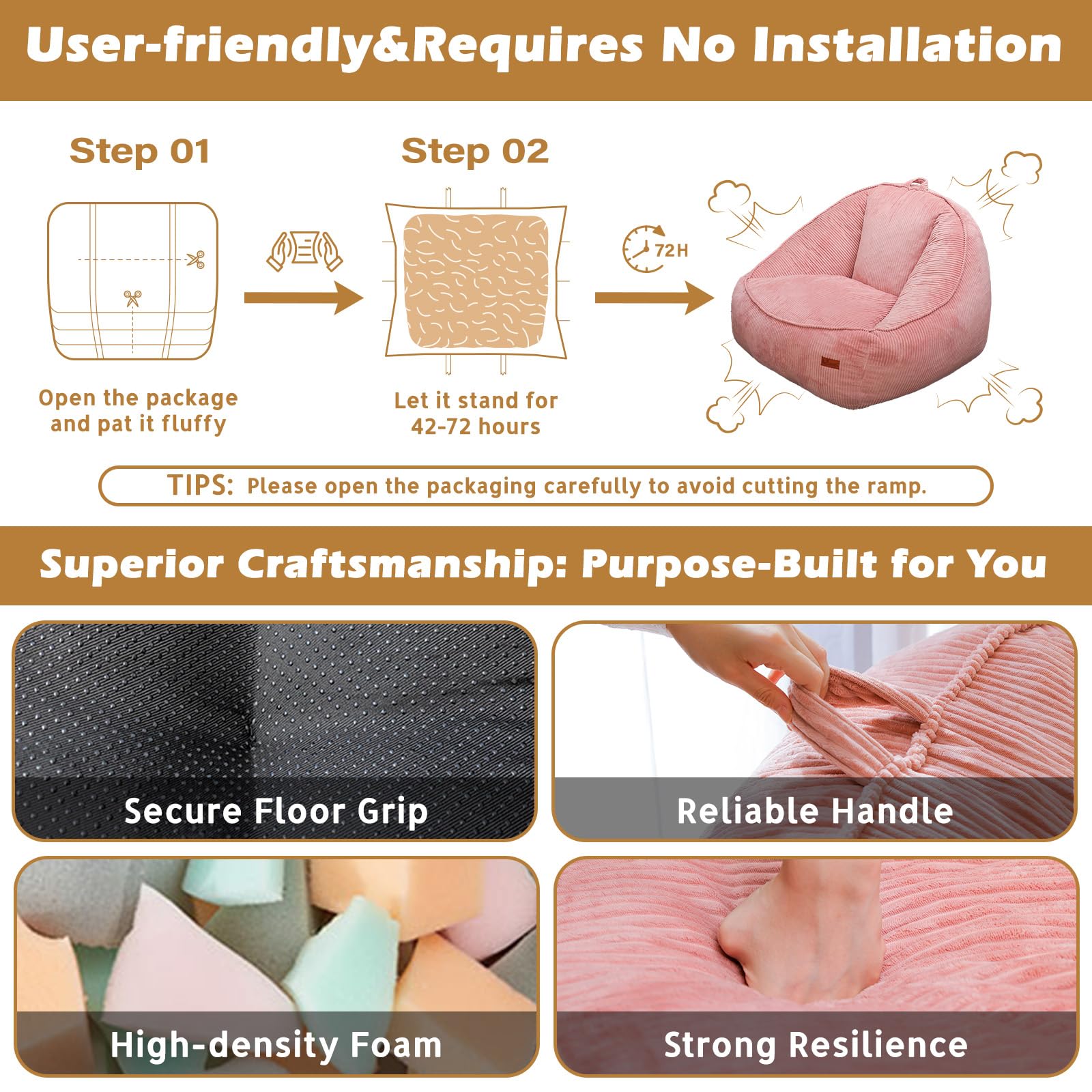 Sitzsack mit Memory-Foam-Füllung, Großer Cord Sitzsack für Erwachsene & Kinder, Bequemer Boneless Bean Bag mit Tragegriff für Wohnzimmer, Schlafzimmer, Gamingzimmer, Büro & Balkon(Rosa-M)