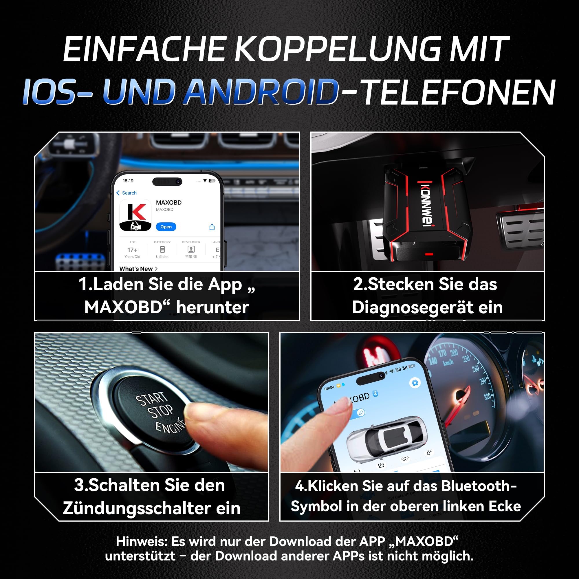 KONNWEI OBD2 Diagnosegerät Auto Scanner Alle System Scan, Obd2 Auslesegerät mit DTC-Definition, 8 Sprachen, Spannungserkennung, Lebenslange Kostenlose Updates, für iOS und Android