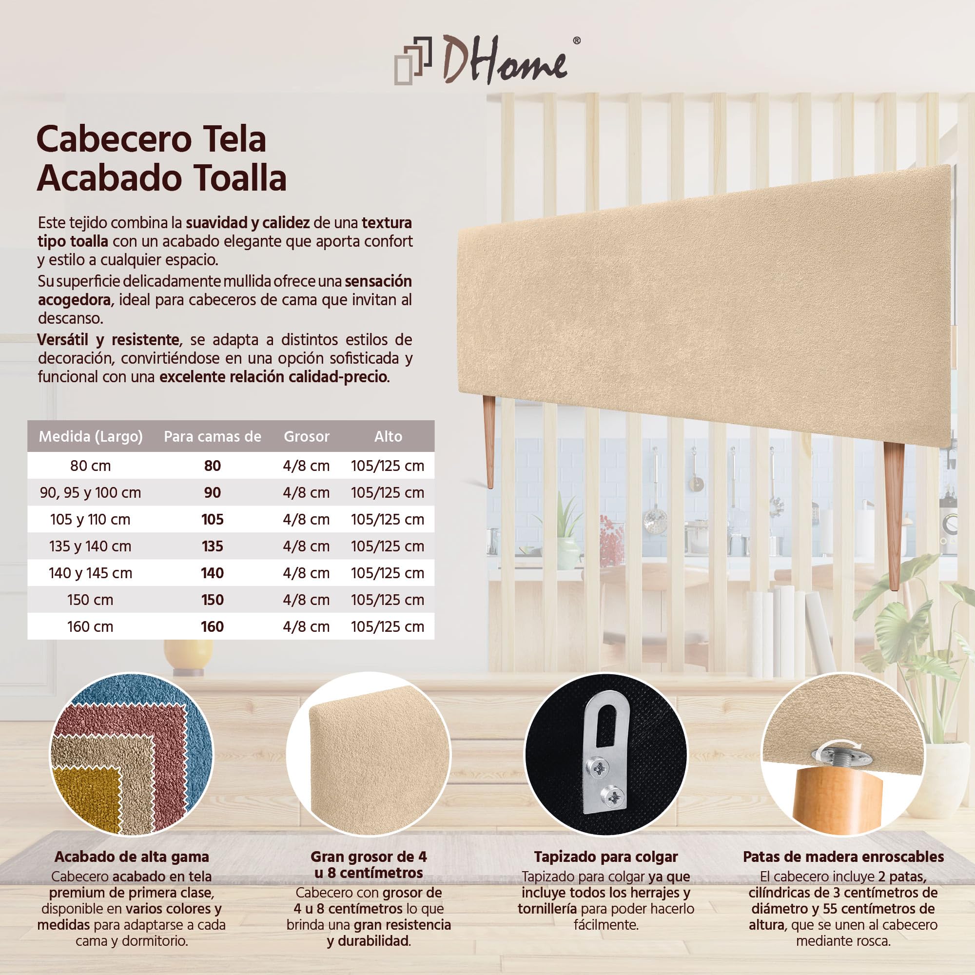DHOME Testiera con Finitura in Spugna Soft Rivestimento Liscio con Piedini Tessuto Morbido per Pannelli Acustici Testiere Fonoassorbenti e Camere da Letto (145cm, 4cm - 125 Al., Beige)