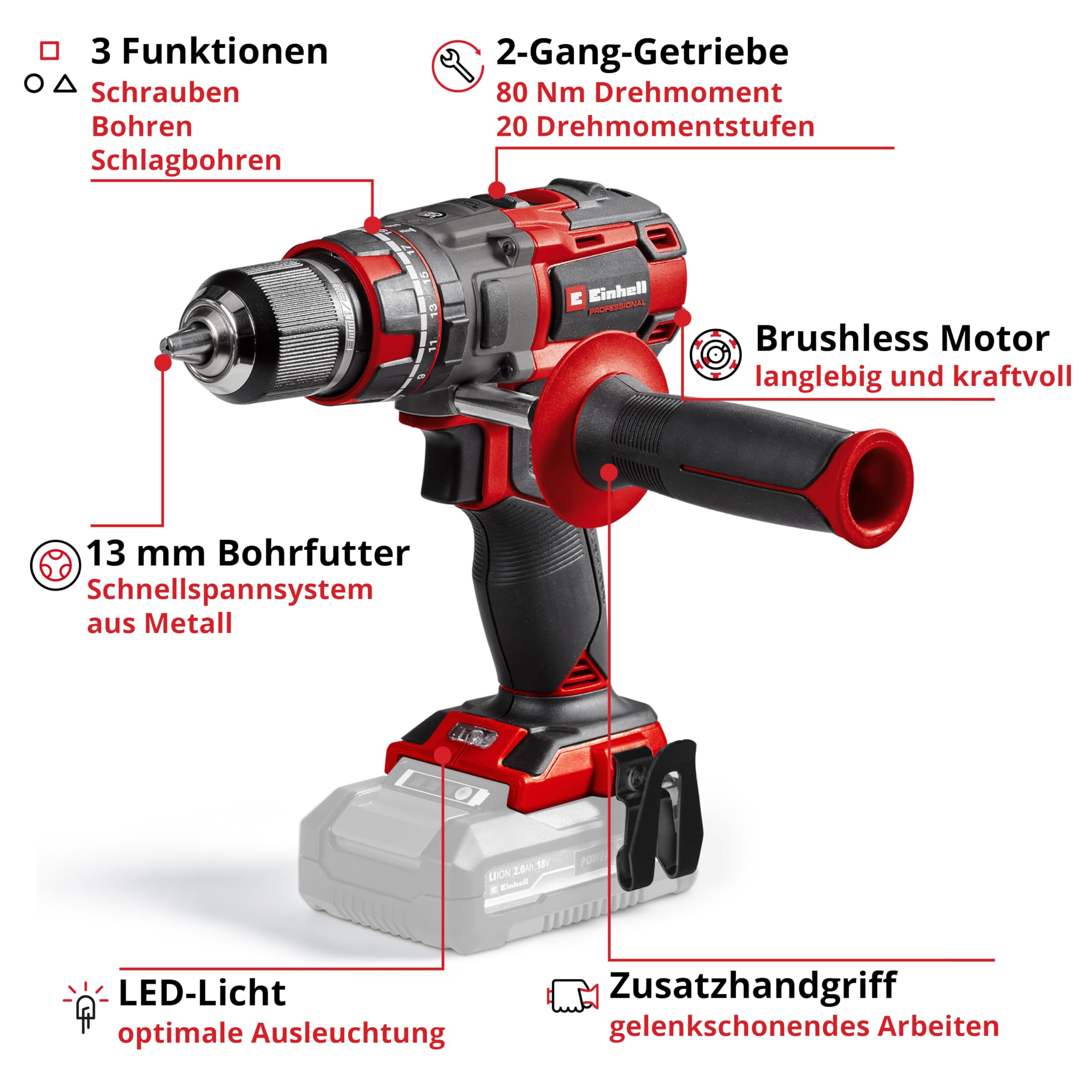 Einhell Professional Akku-Schlagbohrschrauber TP-CD 18/80 Li-i BL - Solo Power X-Change (18 V, Brushless, 80 Nm, Schlagbohrfunktion, 13 mm Bohrfutter, 2 Gang, ohne Akku)