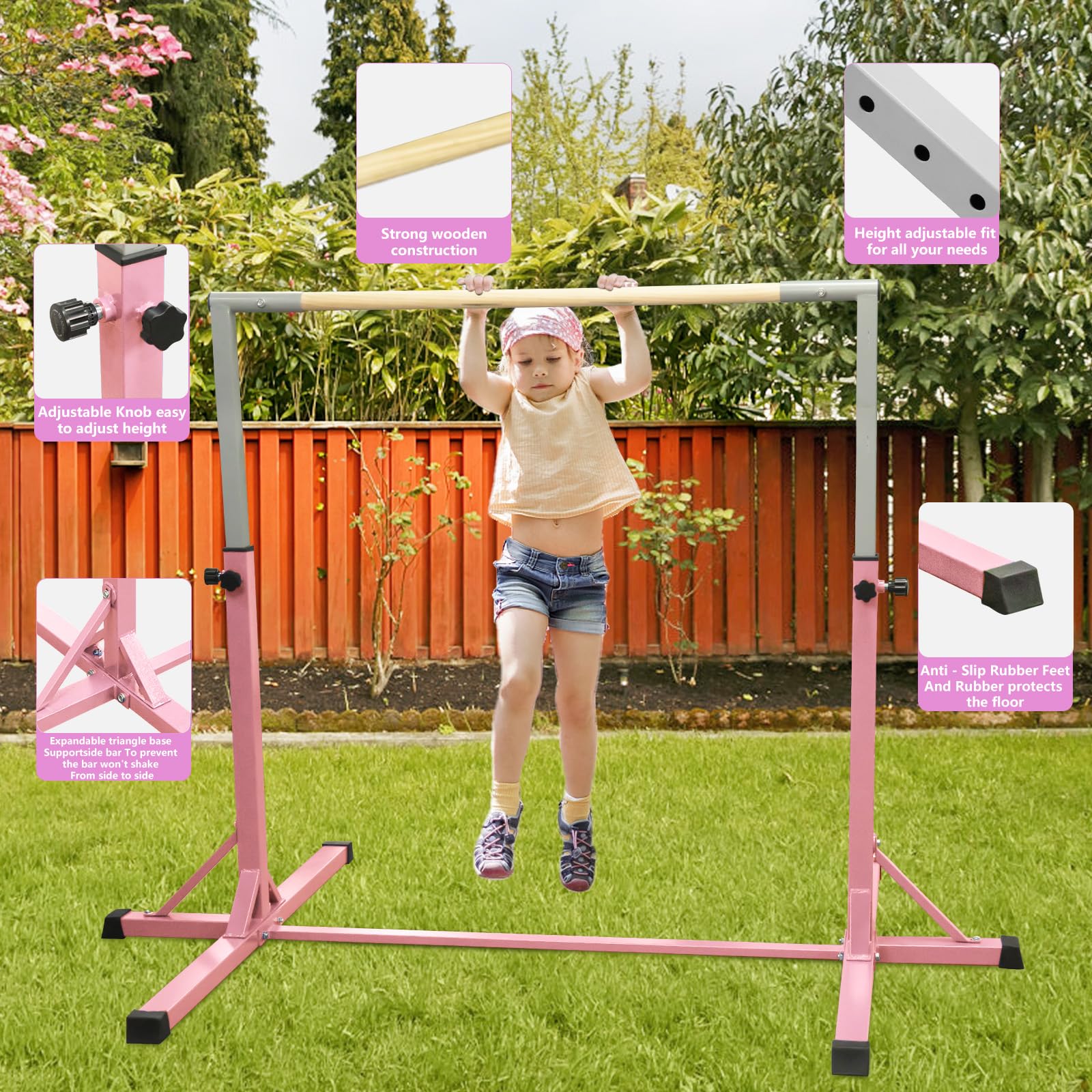 FBSPORT Barra de Gimnasia para Niños Barra Horizontal de Gimnasia con 13 Altura Ajustable de Barra de Entrenamiento con Anillos de Gimnasia Barra de Entrenamiento de Gimnasia expandible Junior Rosa