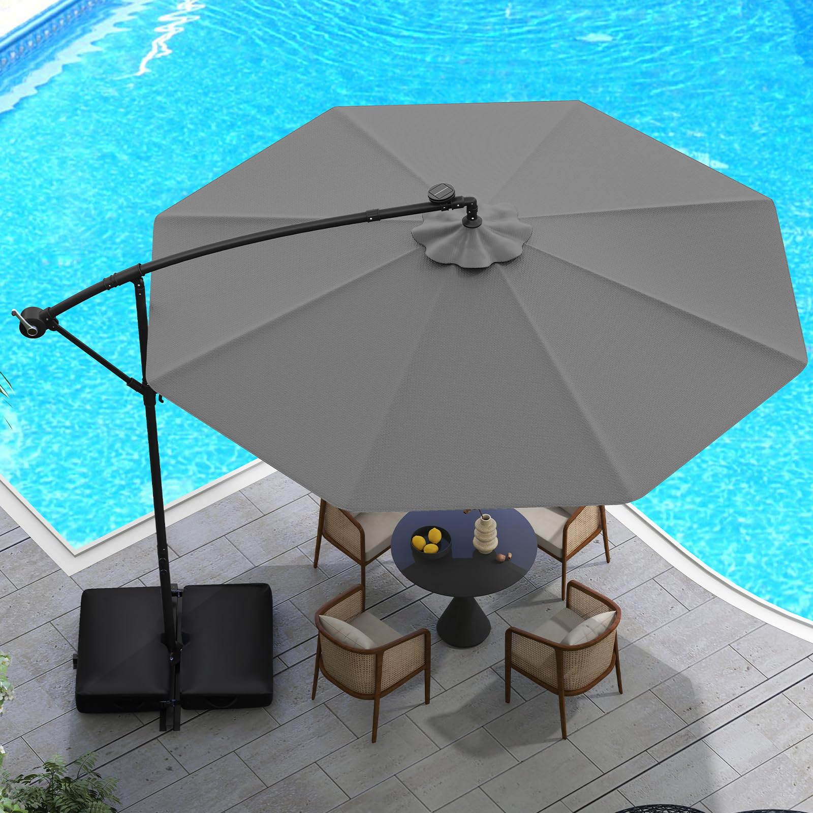 COSTWAY 300 cm Sonnenschirm mit Ständer und LED-Leuchten, Ampelschirm mit Kurbel, Gartenschirm, UV-Schutz, Marktschirm, Terrassenschirm für Garten, Pool, Terrasse (Grau)