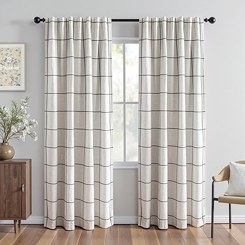 MYSKY HOME 100% Blackout Plaid Farmhouse Linen Curtains 84 Inch