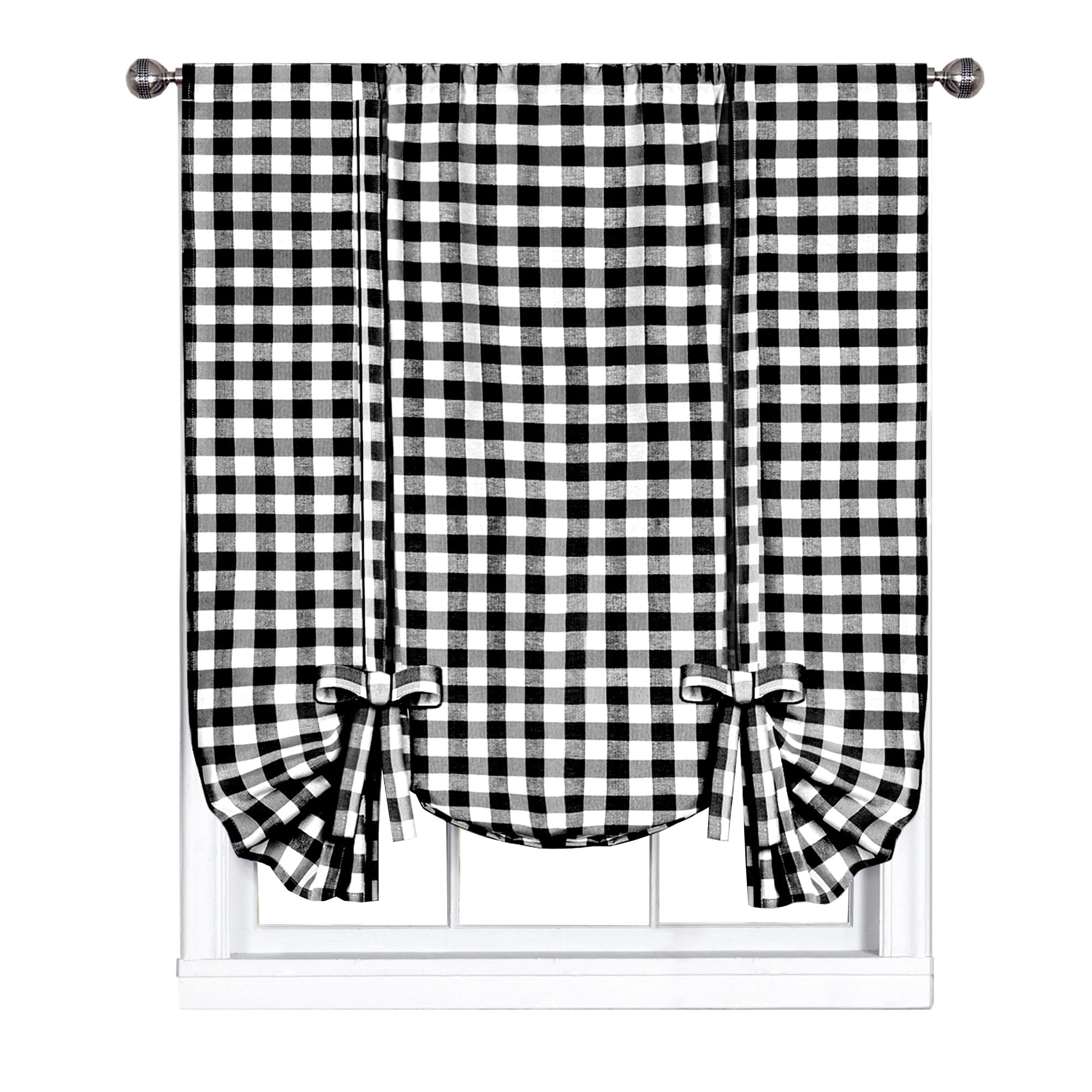 ACHIM Buffalo Check Tieup Window Curtain - 42 Inch Width, 63 Inch Length - Black & White Plaid - Light Filtering Farmhouse Country Drapes for Bedroom Living & Dining Room Home Decor
