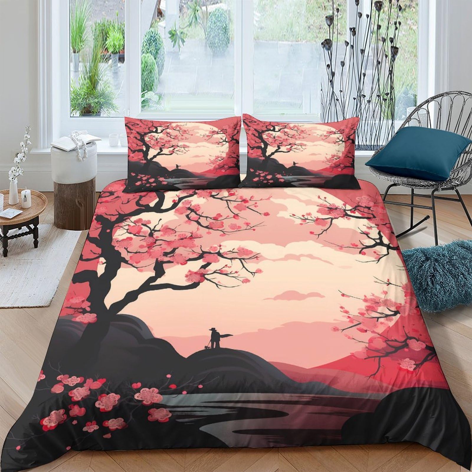 Ctjqhvkz Style-9 3D Printed Sakura Sunset Fitted Sheet Microfiber Pink Landscape Bed Cover Non-Slip Easy Care For Bedroom Guestroom Single（135X200cm）
