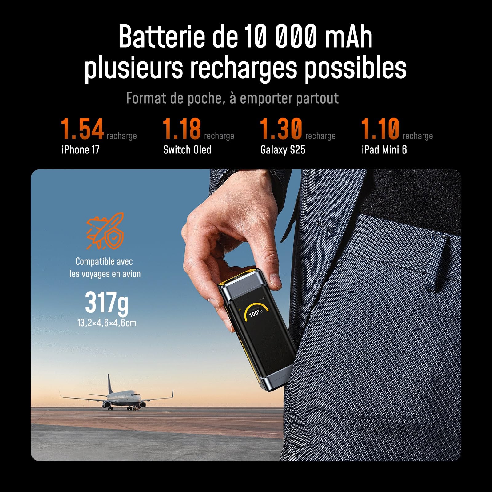 AOHI Batterie Externe 210W PD3.1 PPS 10000mAh, Chargeur Portable à Charge Rapide avec Double Ports USB-C 140W et Écran Intelligent, Future Starship 37Wh pour MacBook Pro/Air, iPad, iPhone 17, Gris